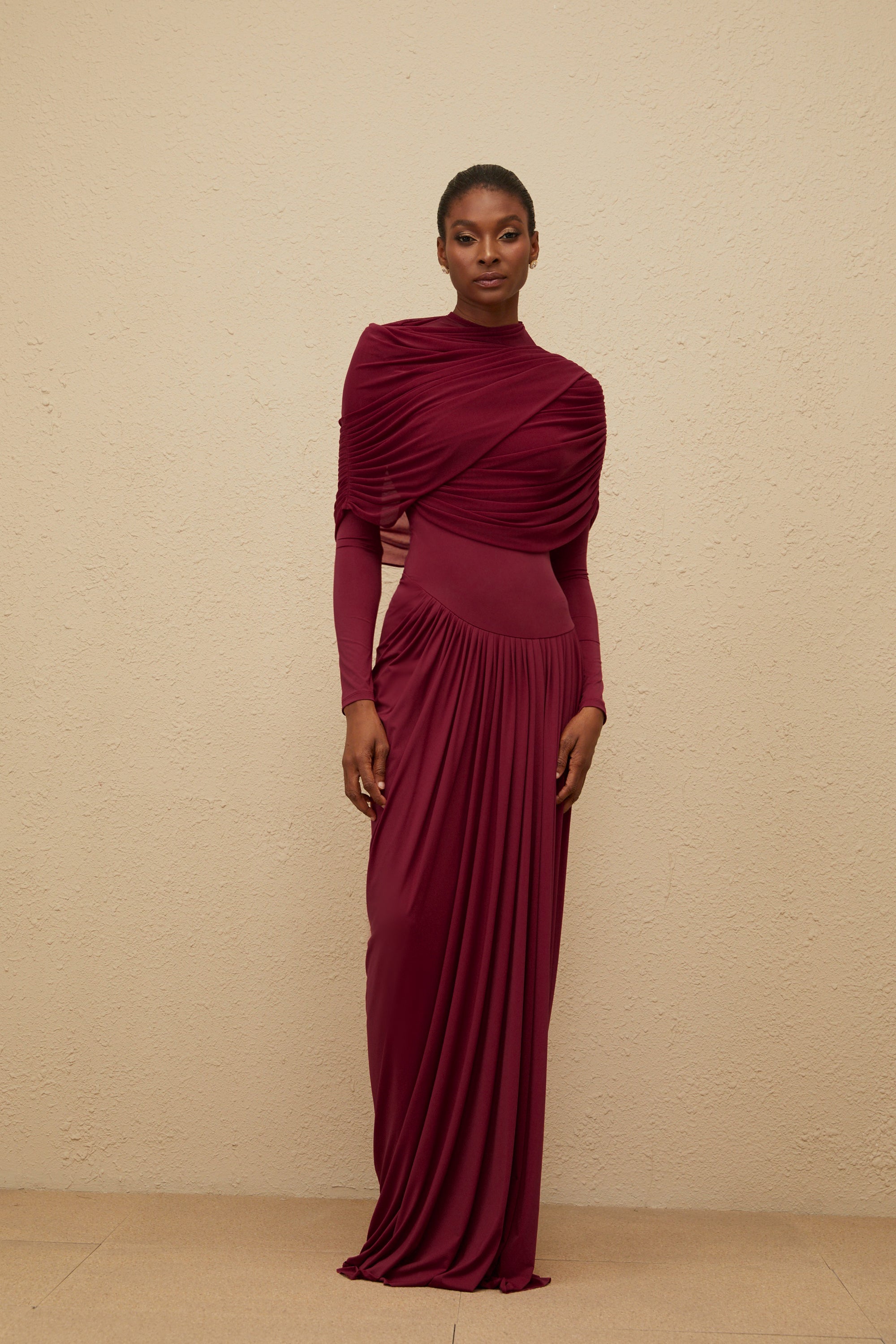 Catherine Red Asymmetrical Pleated Long-Sleeve Maxi Dress
