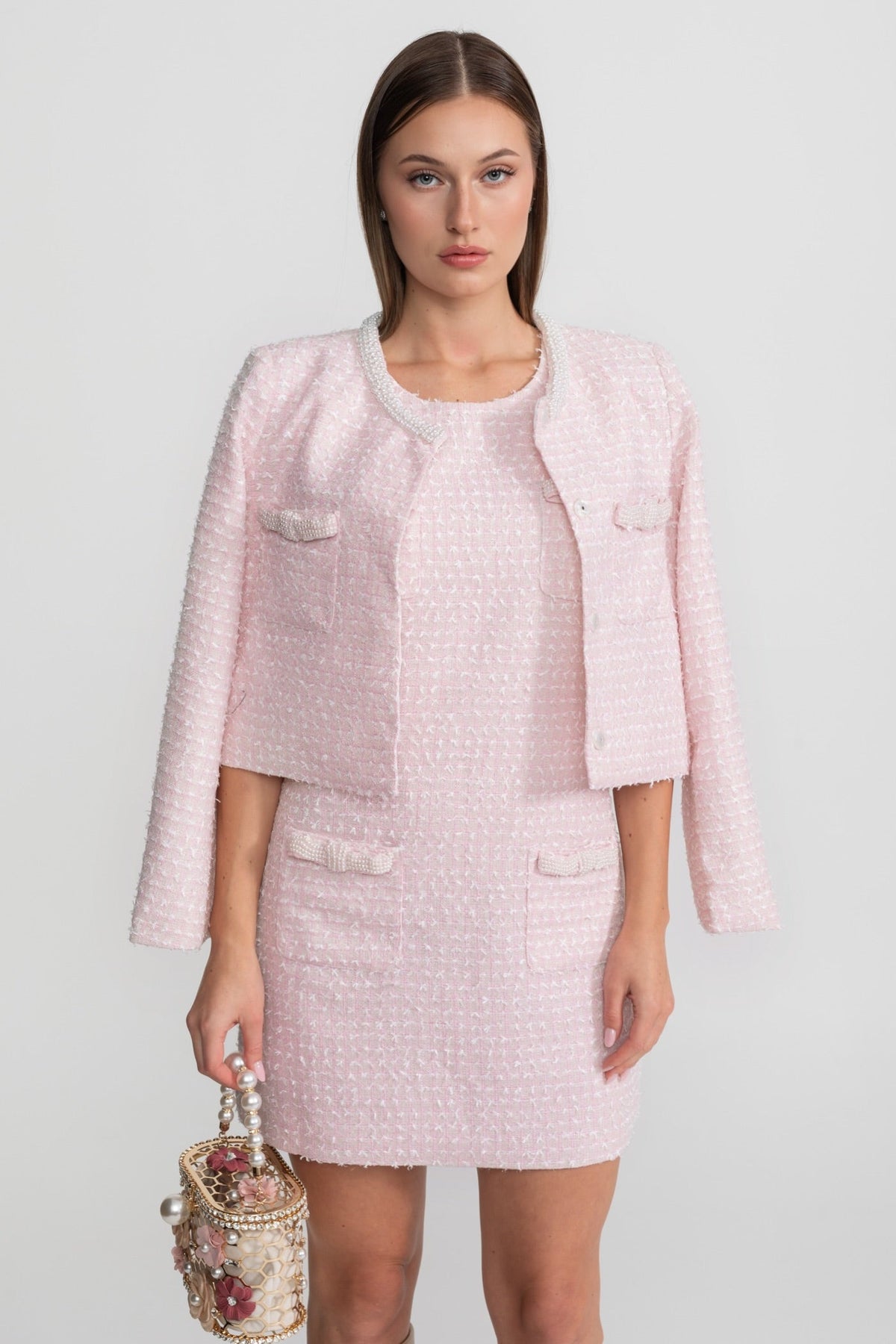Clemence Light Pink Embellished Tweed Mini Dress With Delicate Pearl Trim