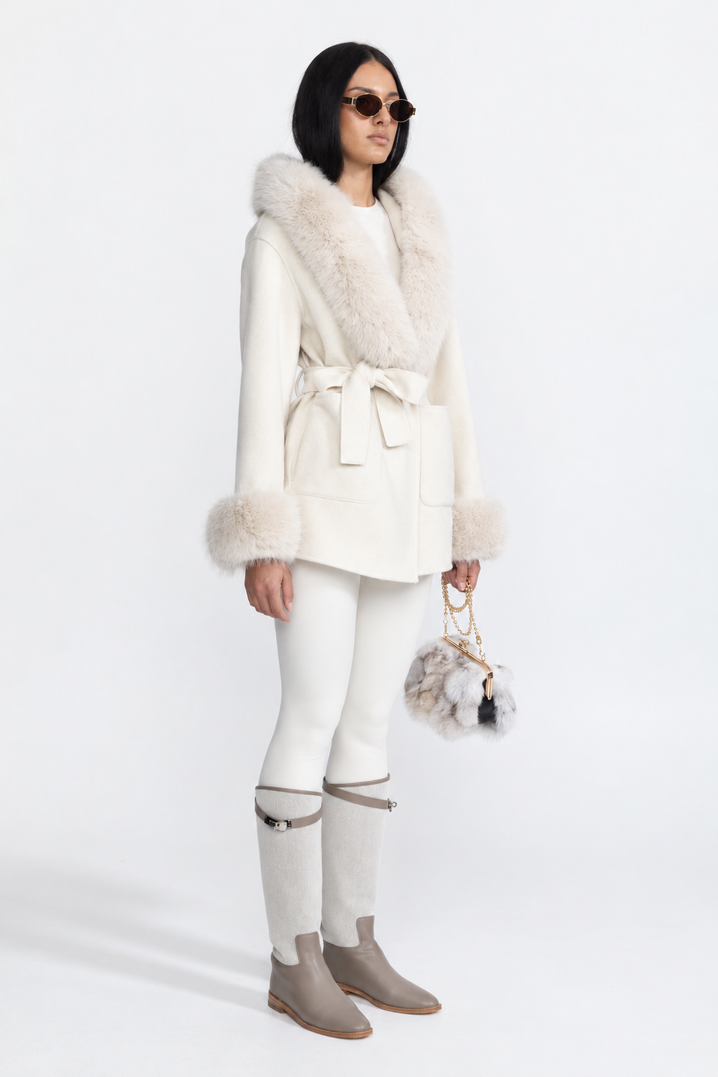 Dorothée Ivoire Hooded Belted Cashmere-Blend Coat with Fur Trim