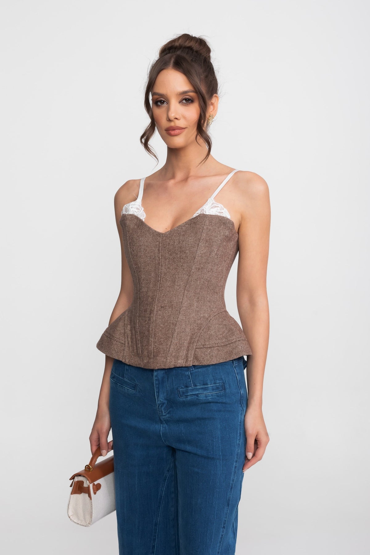 Donatella Brown Structured Tweed Corset Top With Lace Straps And Peplum Hem