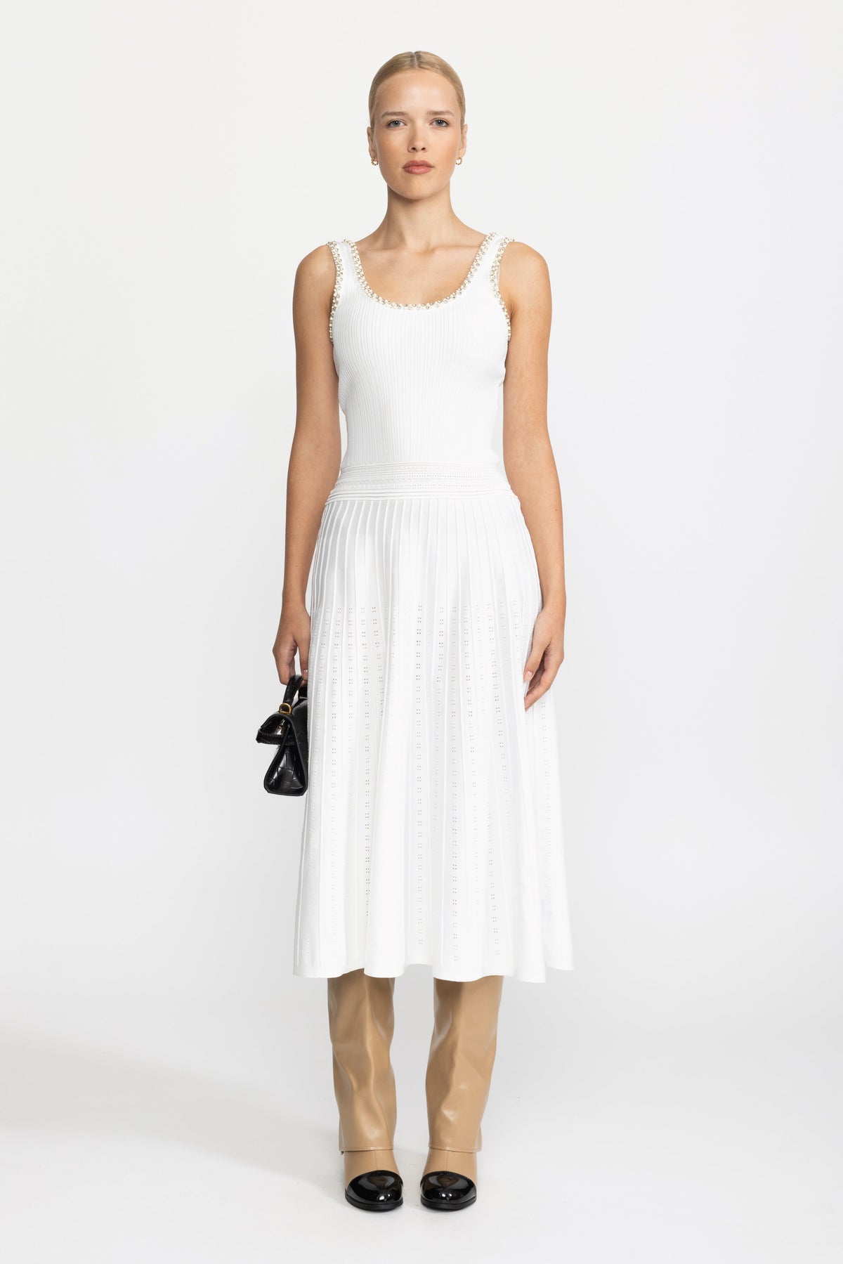 Pearl Trim Knit Tank Midi Dress and Bolero Set - White