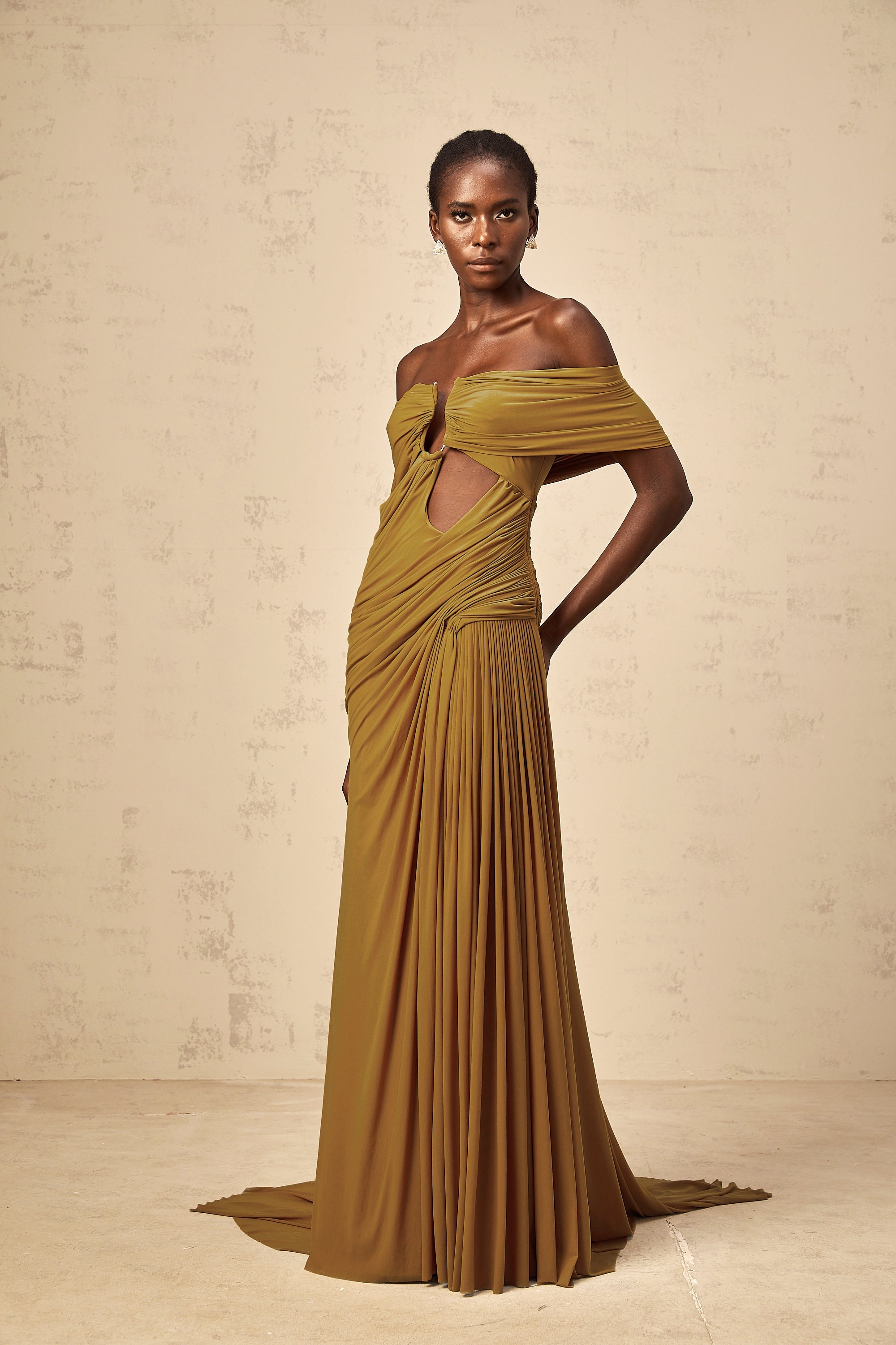 Ludivine ocher off-shoulder cut-out ruched maxi dress (Final Sale-US Only)