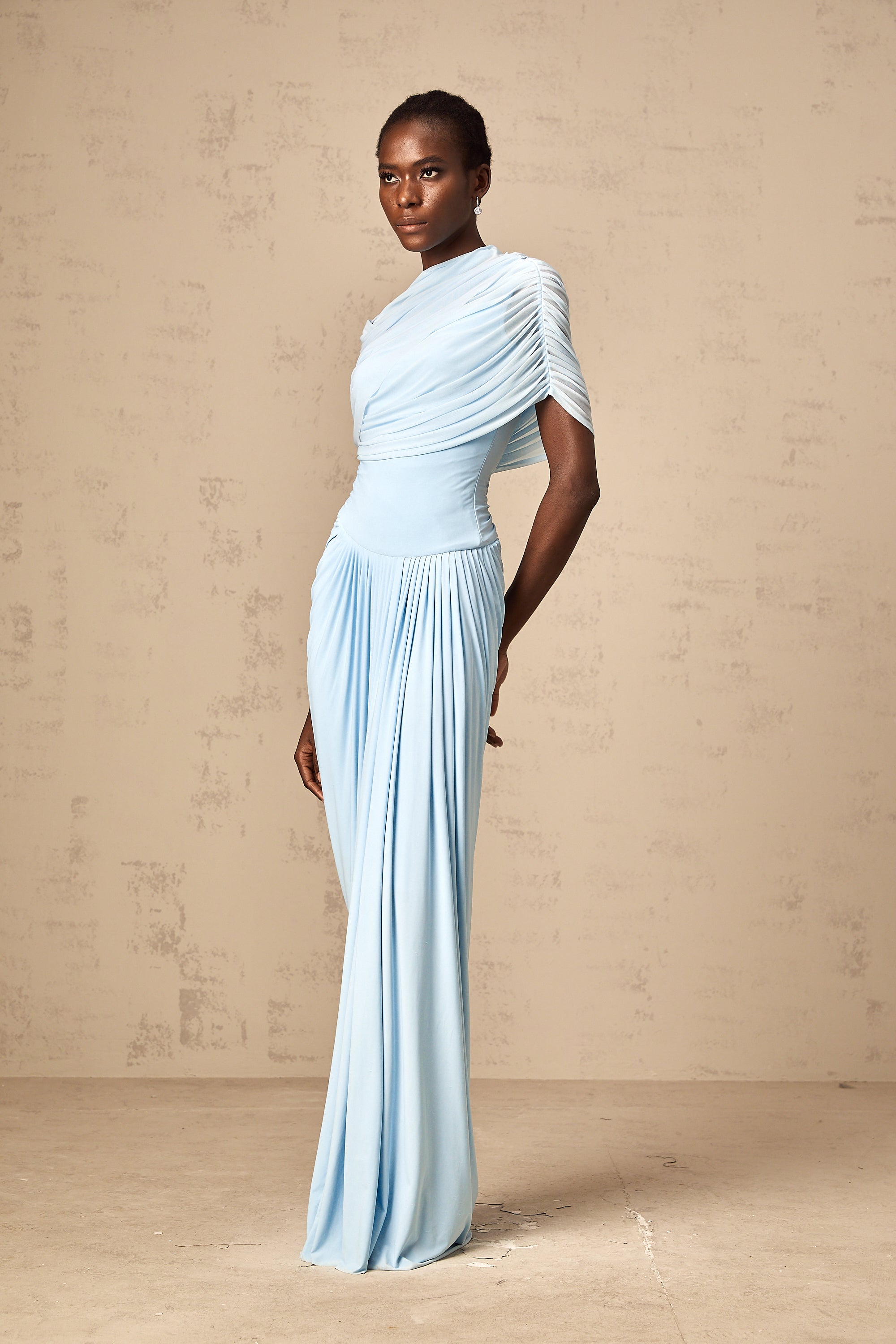 Catherine asymmetrical pleated maxi dress in Baby-blue