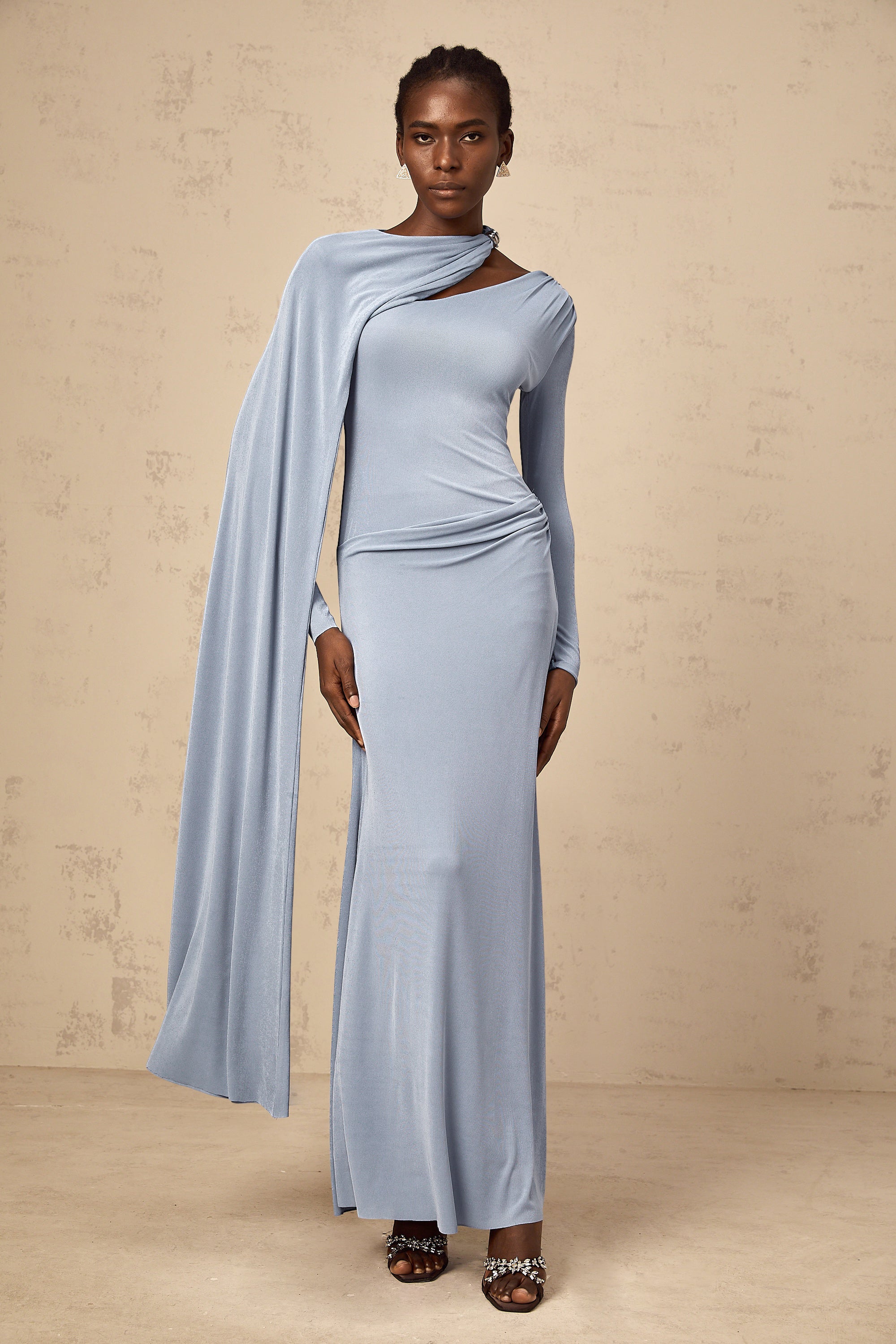 Josette Blue Diagonal Shawl Fitted Maxi Dress (Final Sale-US Only)