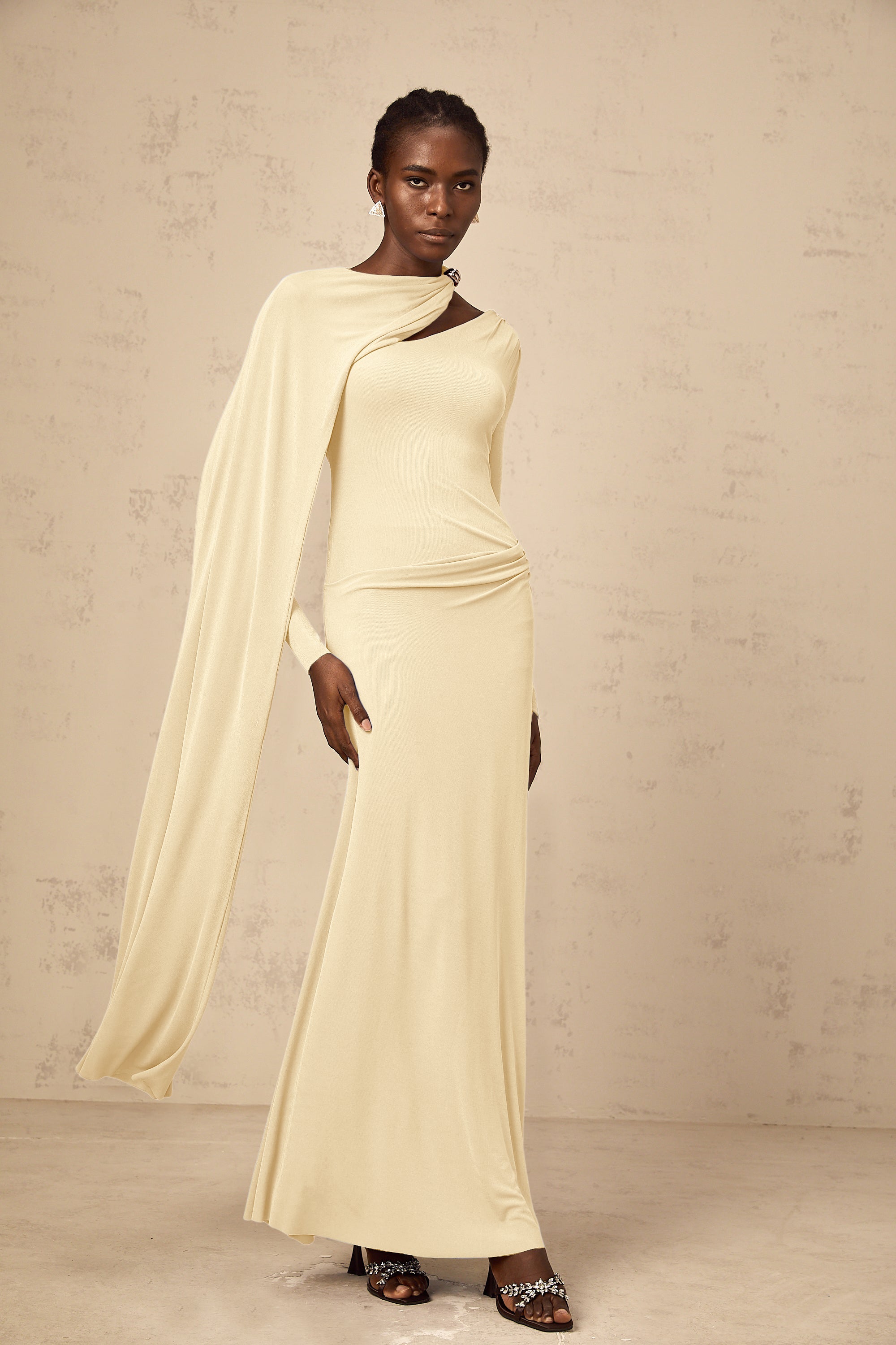 Josette Yellow Diagonal Shawl Fitted Maxi Dress