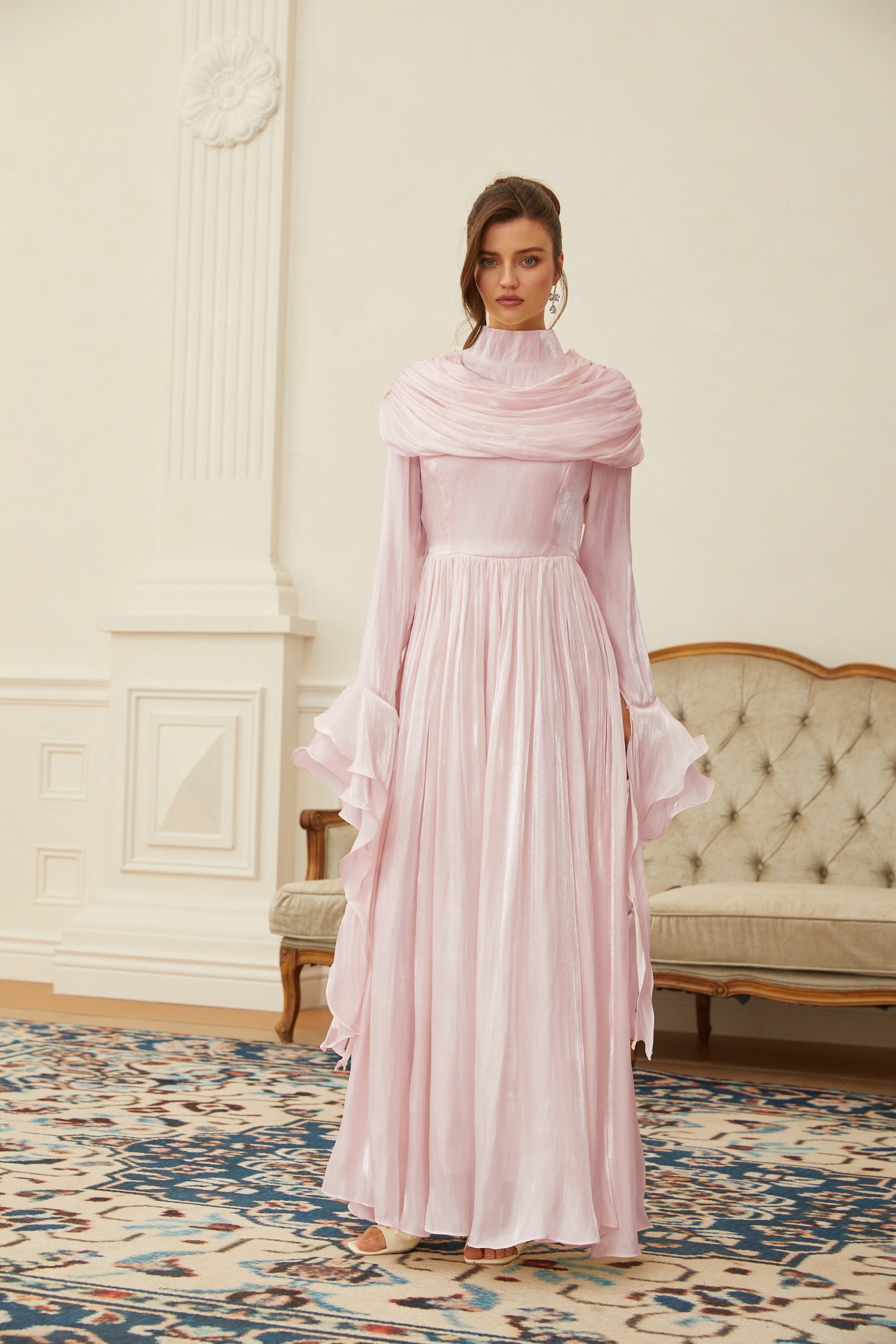 Danuta Pink Ruched Pleated Maxi Dress