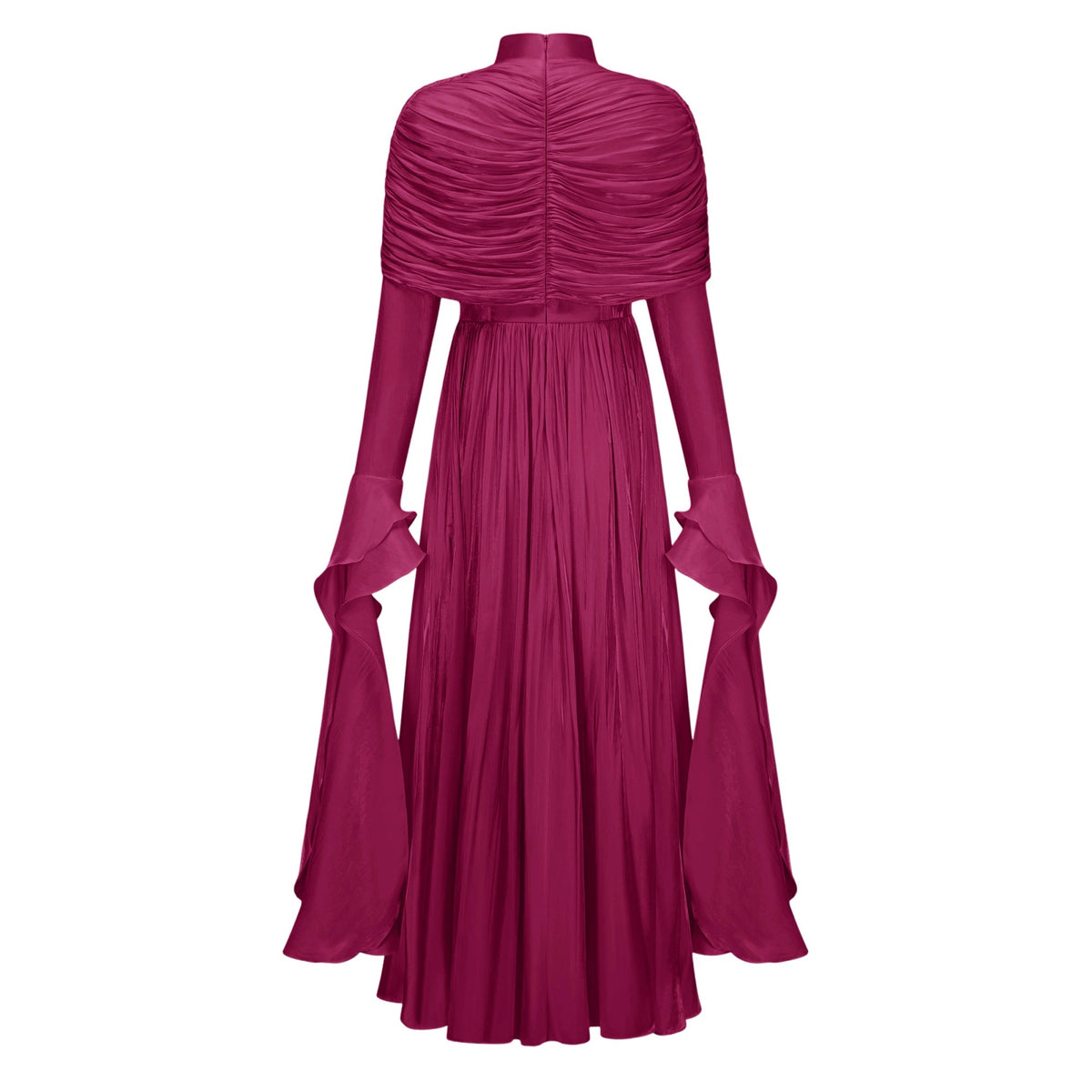 Gustave Burgundy Ruched Cape Ruffled Maxi Dress
