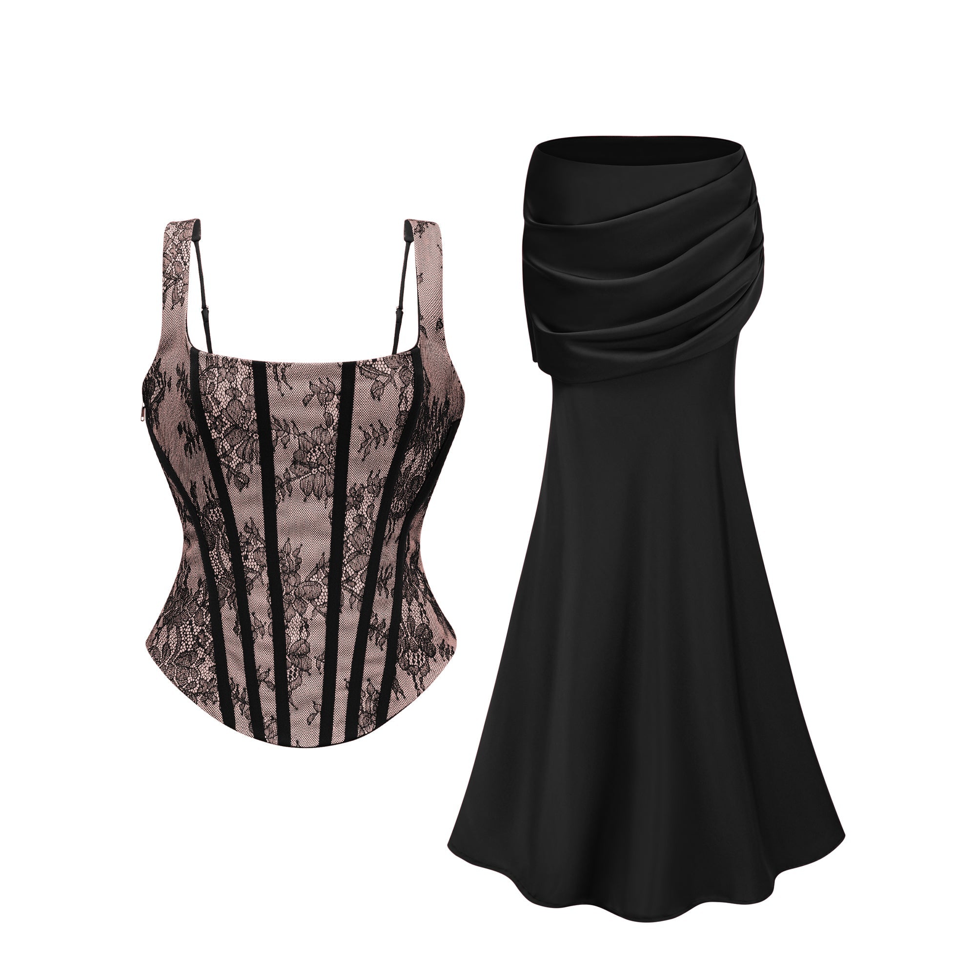 Olesya Black Lace Top & Ruched Skirt Set