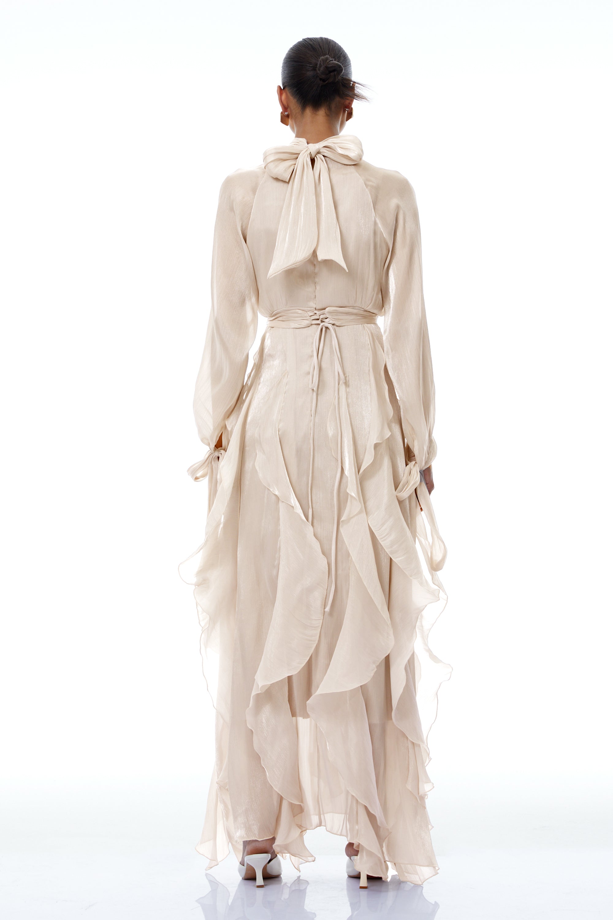 Zélie Neutral Glossy Pleated Ruffled Maxi dress (Final Sale-US Only)