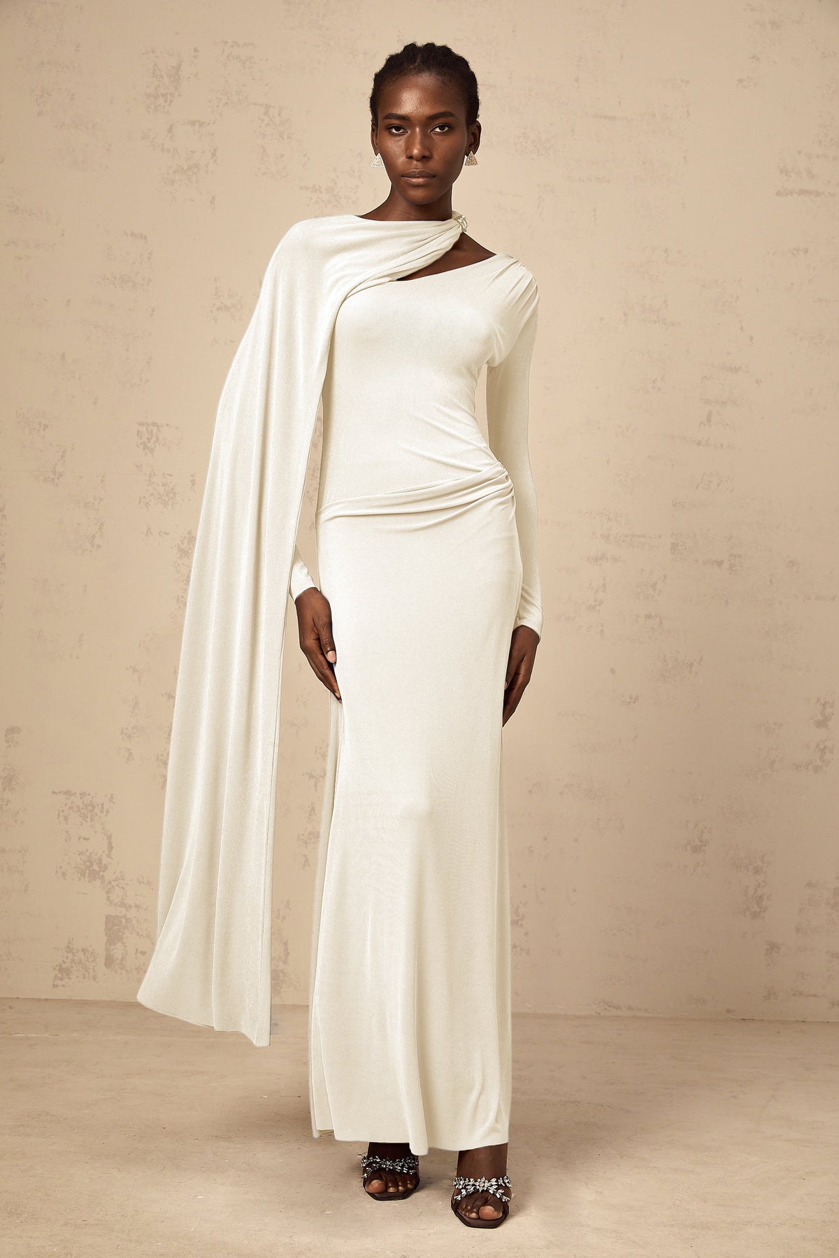 Josette White Diagonal Shawl Fitted Maxi Dress (Final Sale-US Only)