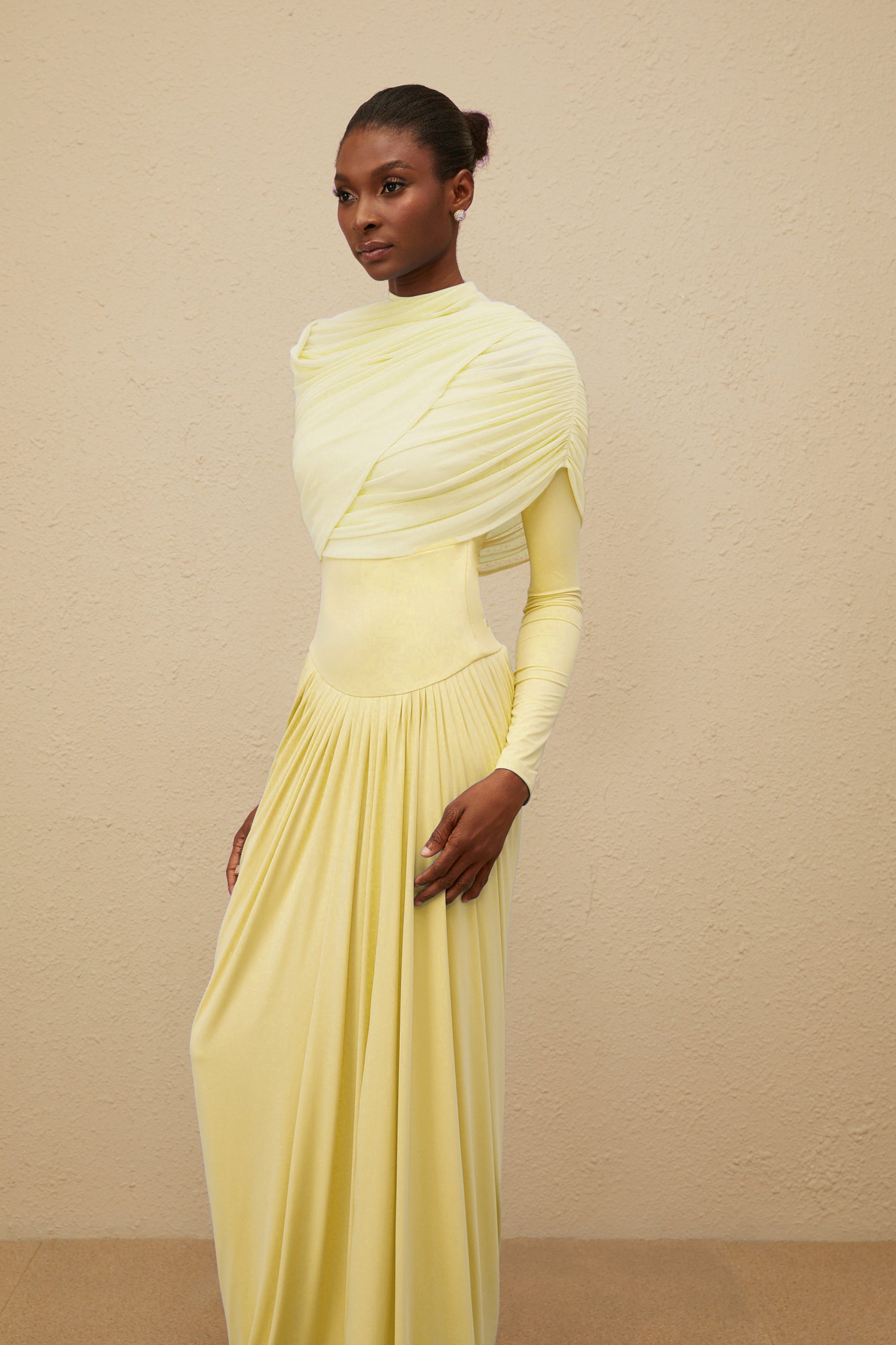 Catherine Yellow Asymmetrical Pleated Long-Sleeve Maxi Dress