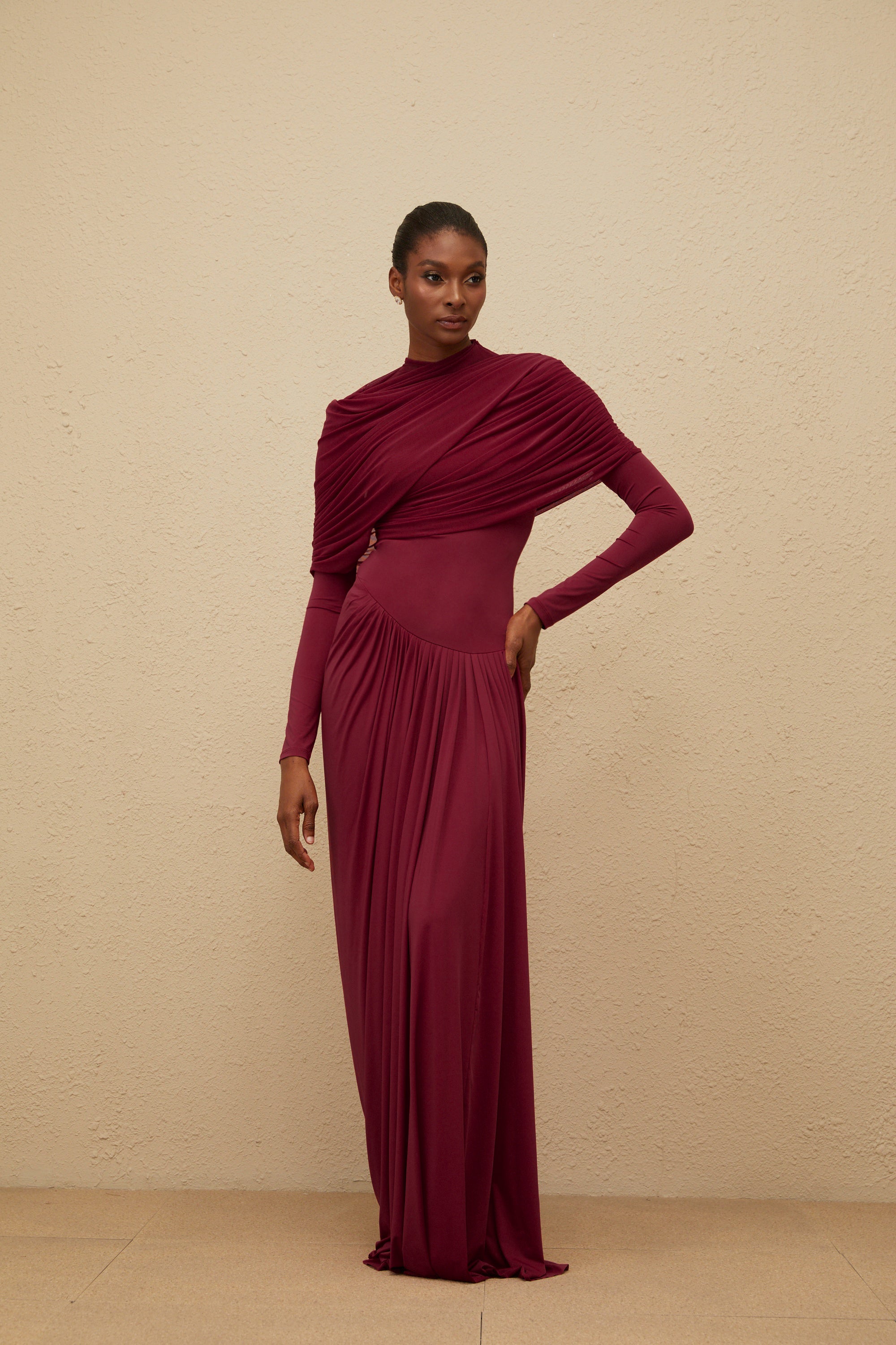 Catherine Red Asymmetrical Pleated Long-Sleeve Maxi Dress