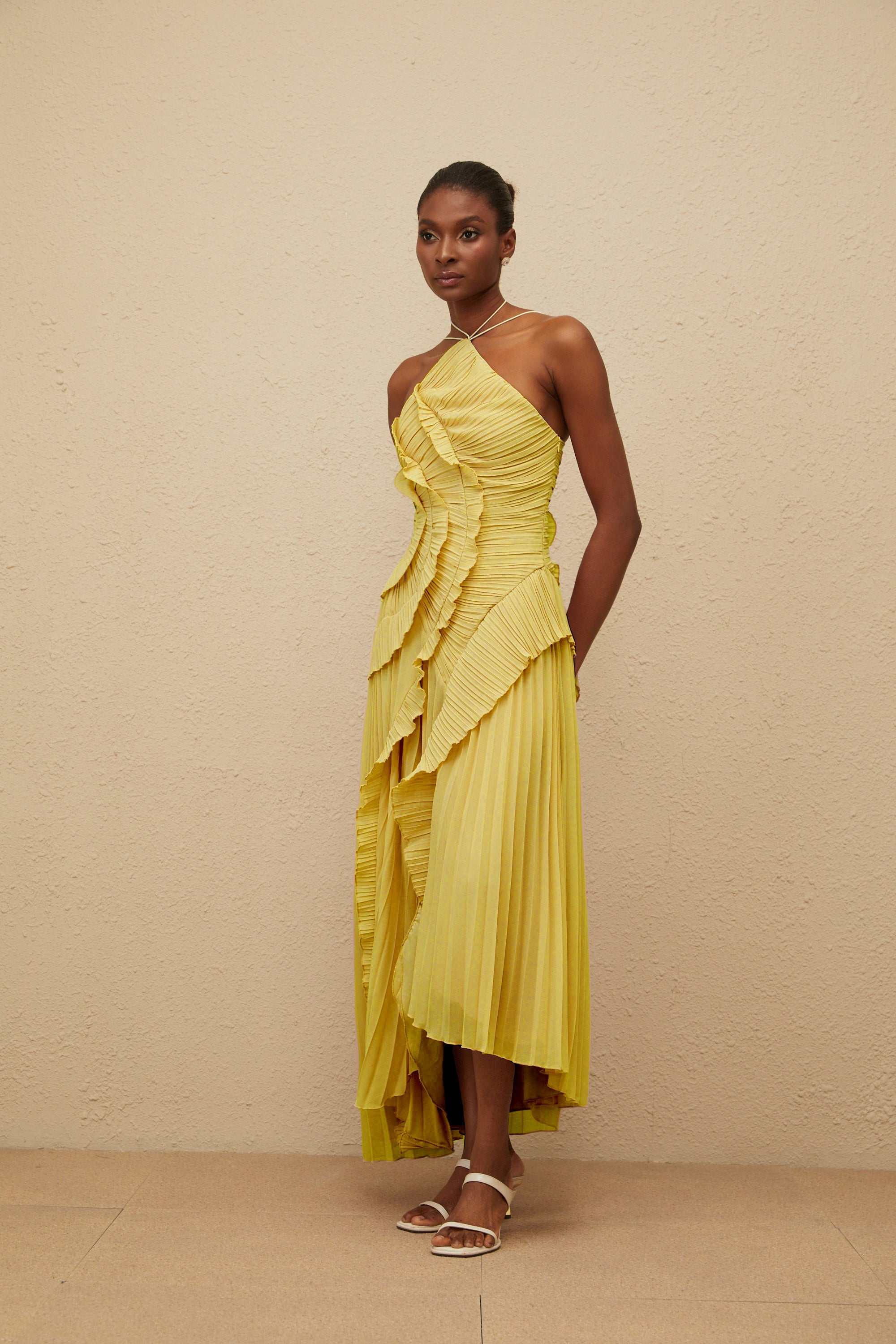 Doux Yellow Ruffled Trim Pleated Midi Dress (Final Sale-US Only)