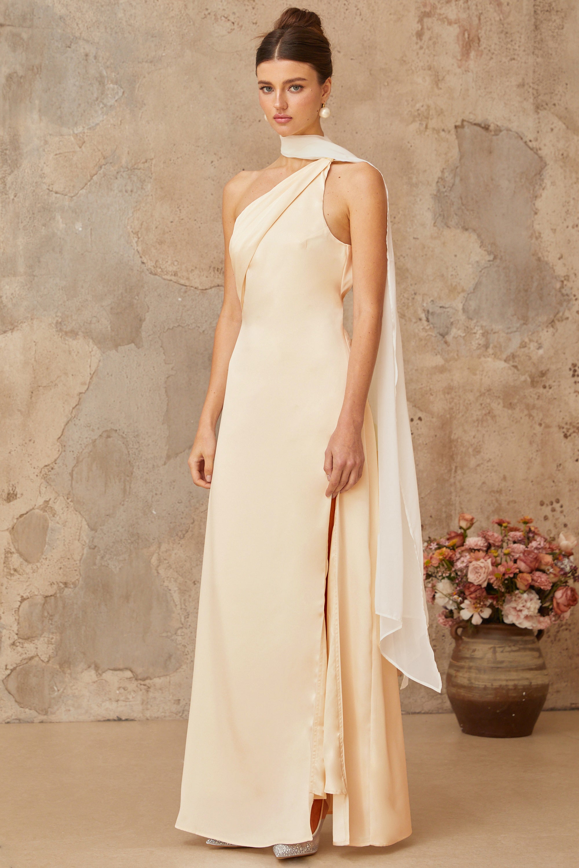 Thérèse neutral scarf-design satin maxi dress (Final Sale-US Only)