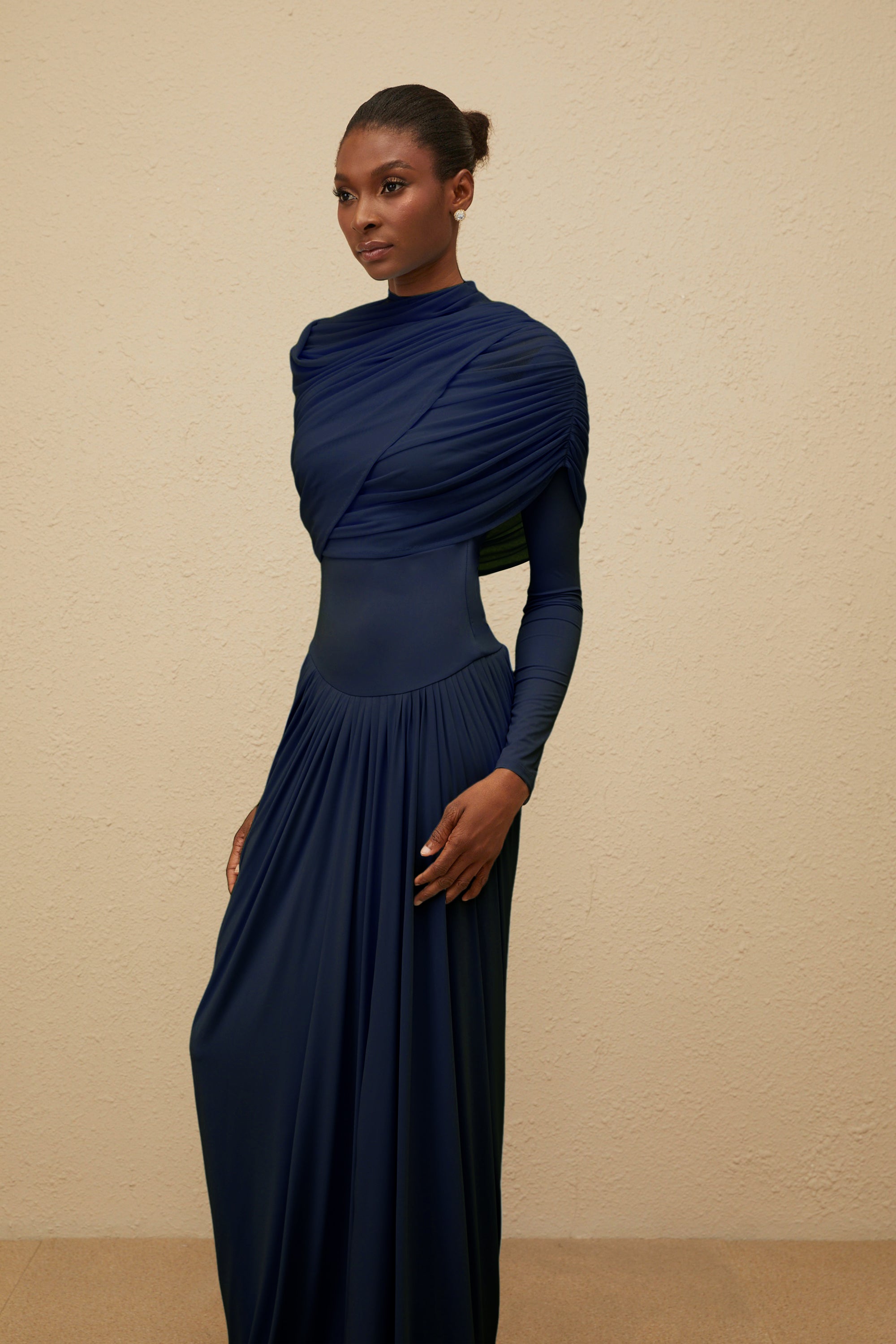 Catherine Navy-Blue Asymmetrical Pleated Long-Sleeve Maxi Dress
