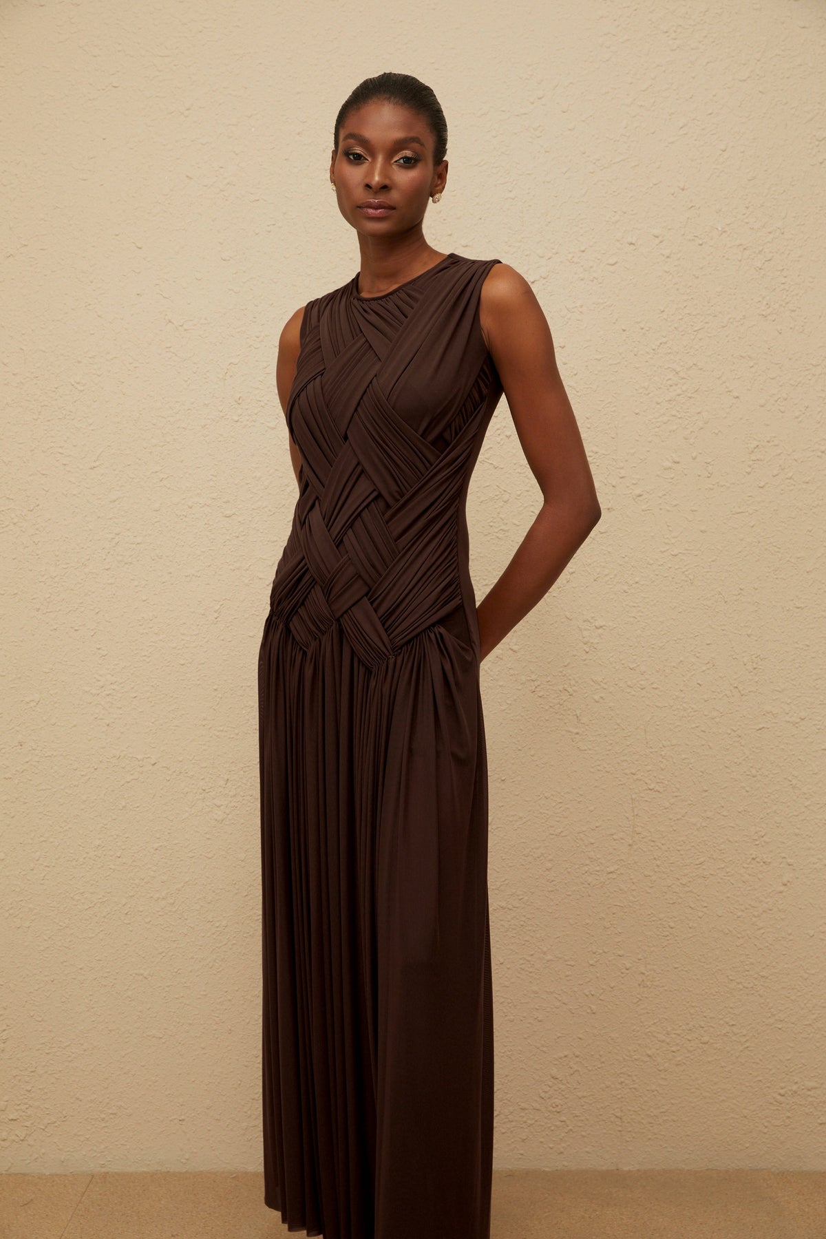 Daphné Brown Asymmetrical Braided Tulle Midi Dress