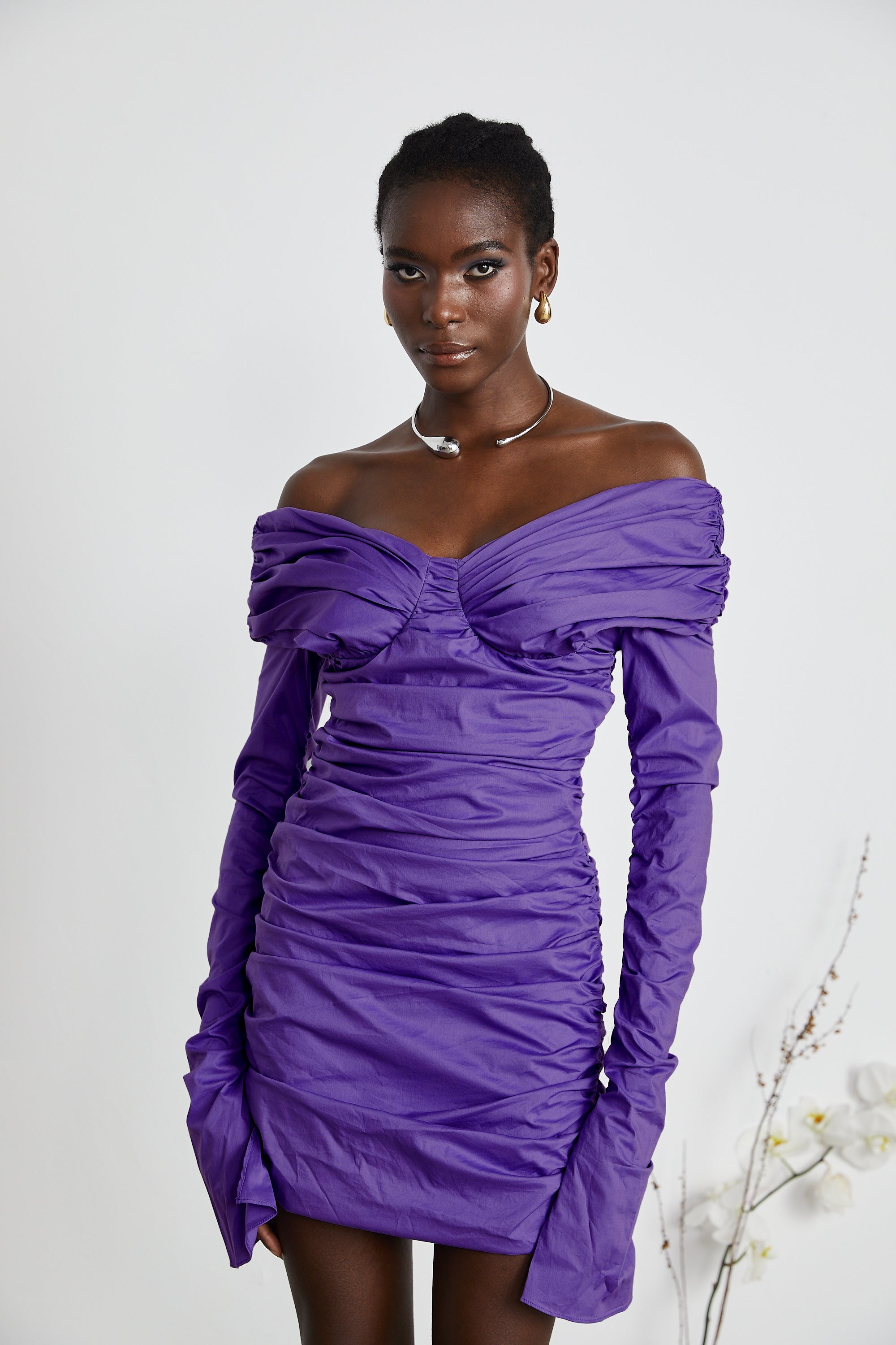 Apolline purple off-shoulder ruched mini dress (Final Sale-US Only)