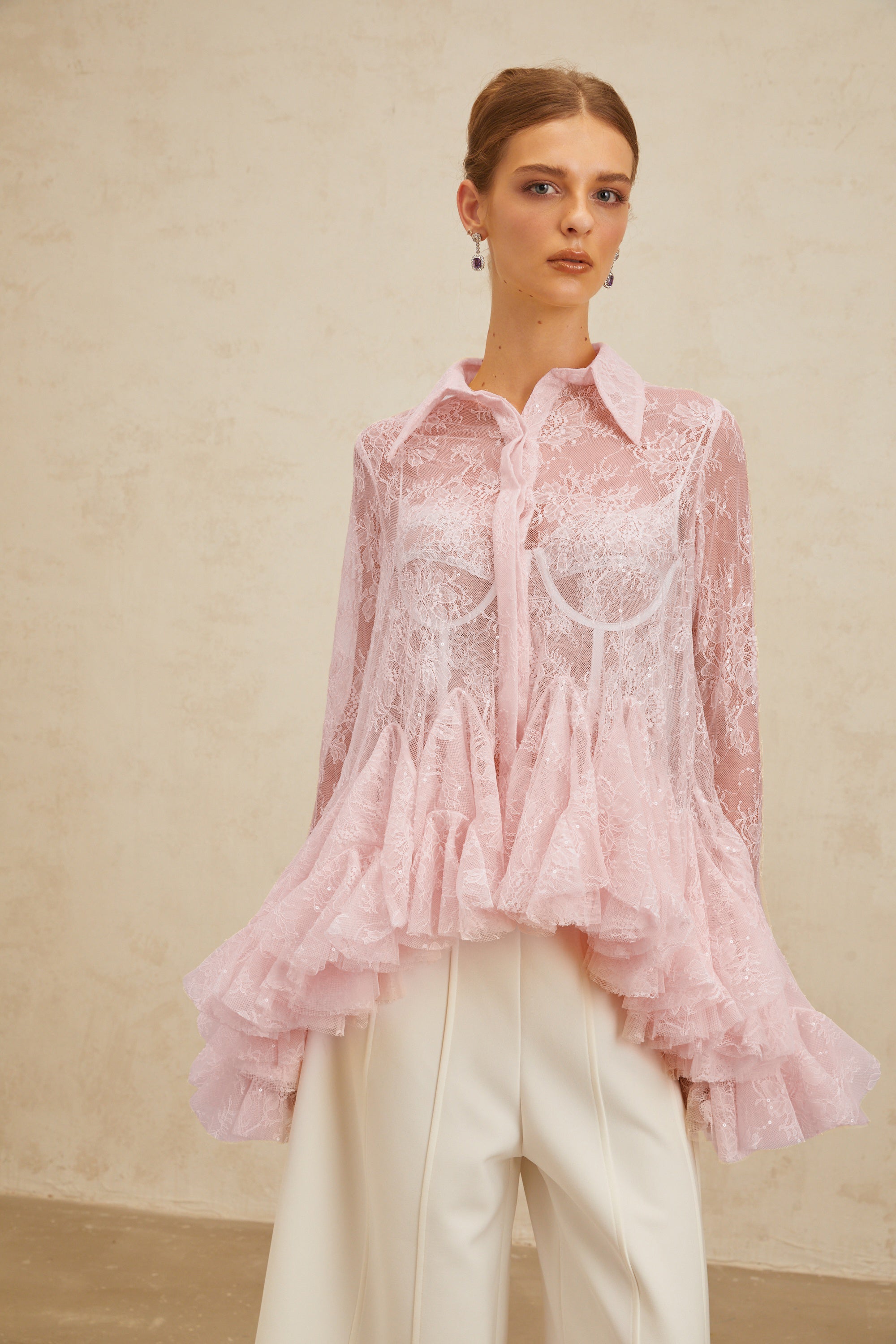 Ingrid Pink Peplum Floral Lace Blouse