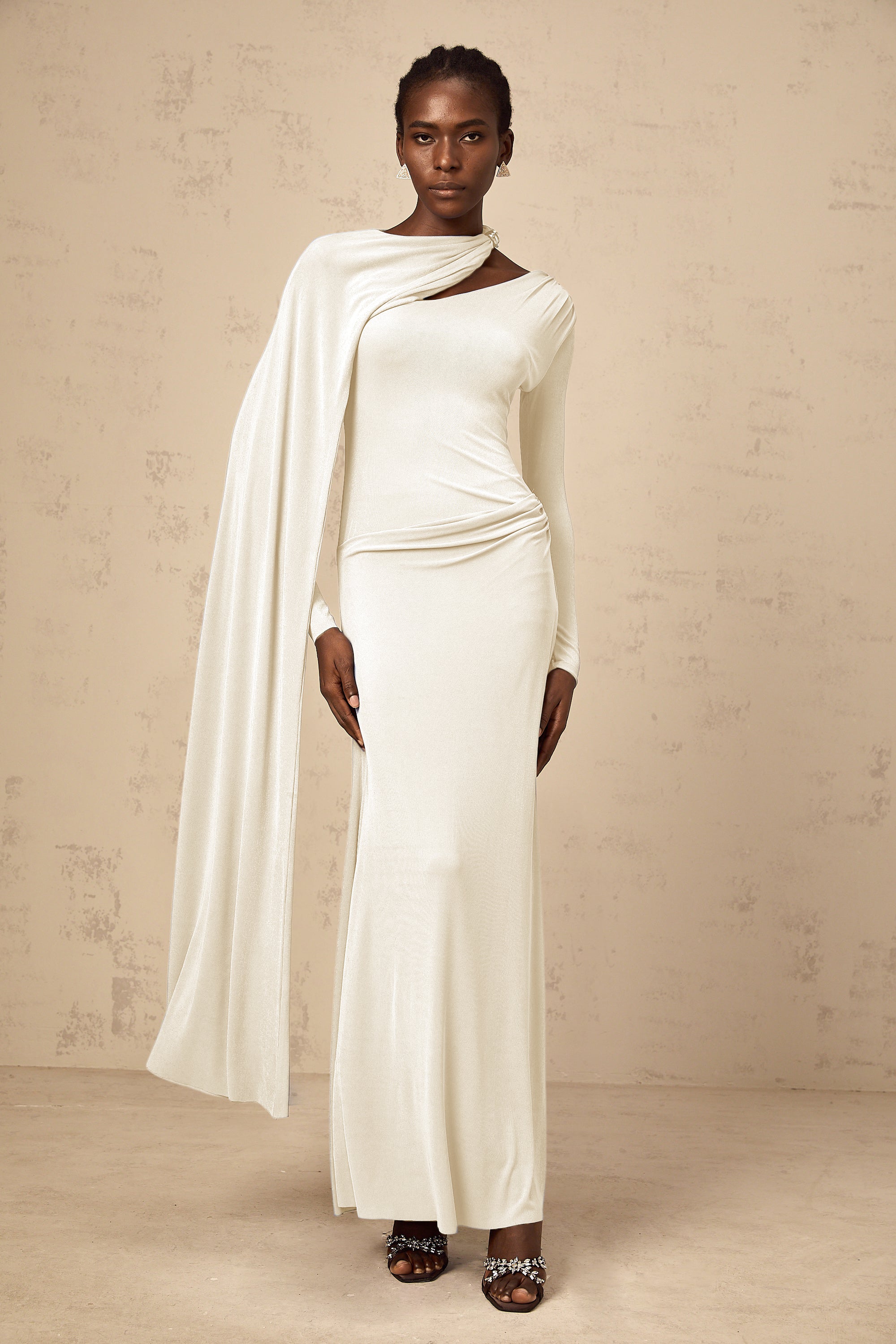 Josette White Diagonal Shawl Fitted Maxi Dress