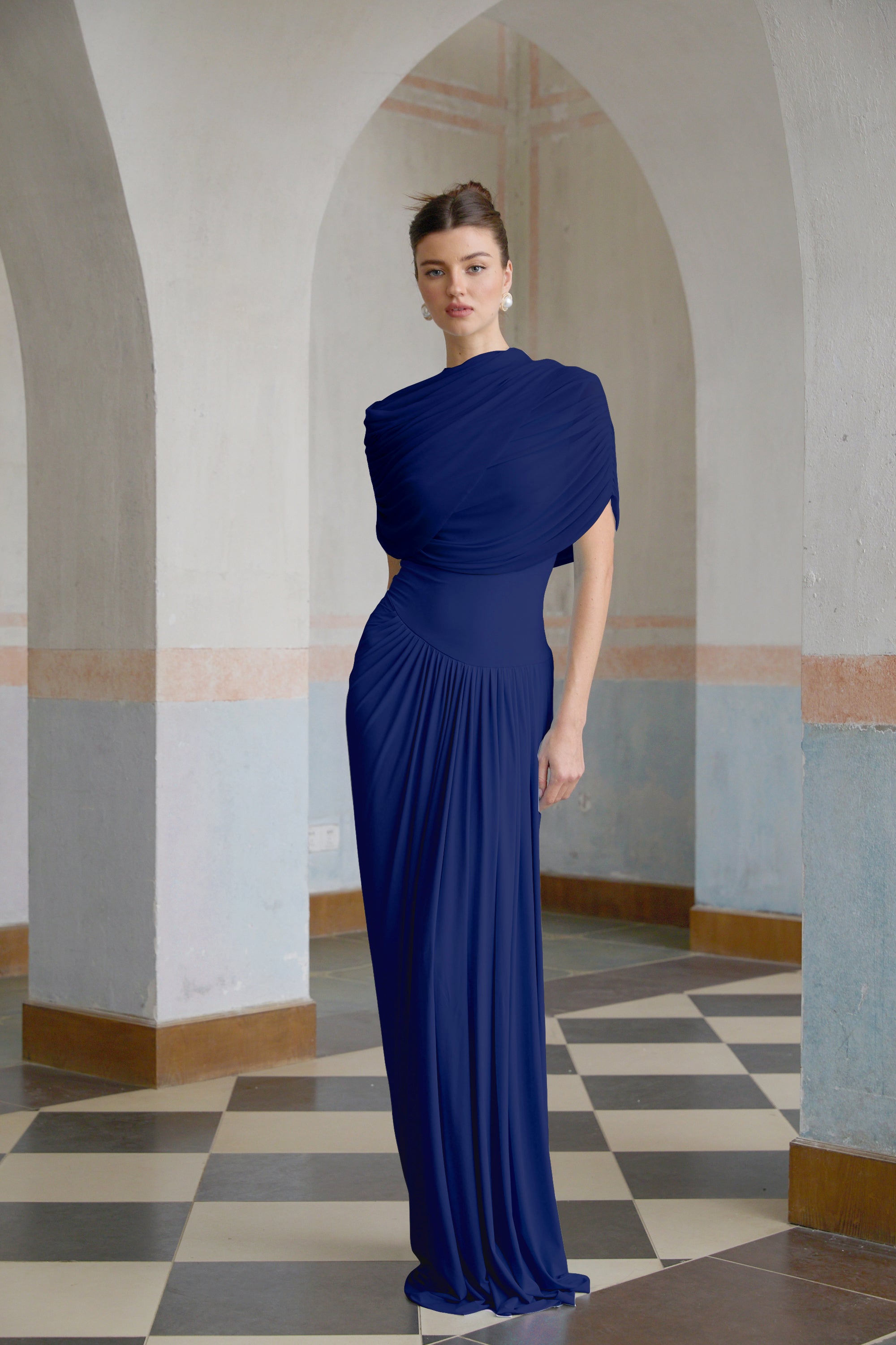 Catherine asymmetric pleated maxi dress in Navy-blue