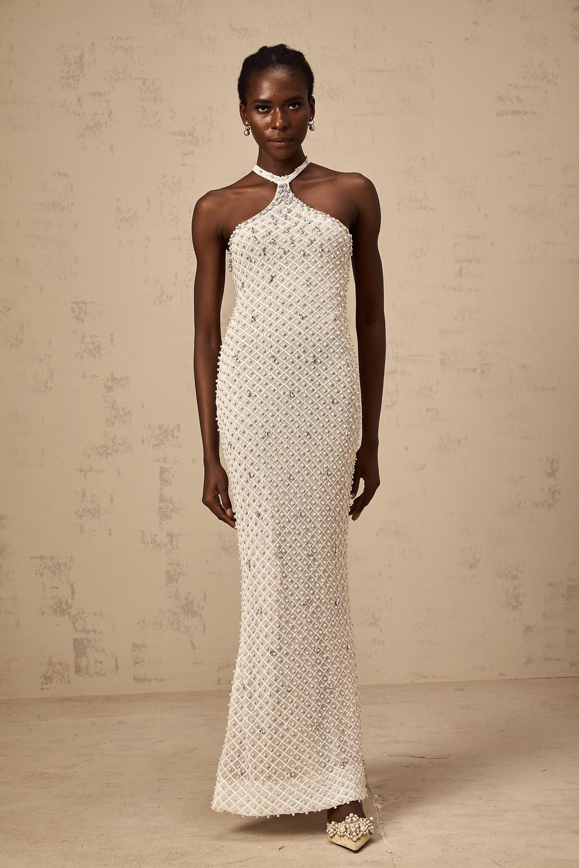 Claudine white embellished halterneck maxi dress (Final Sale-US Only)