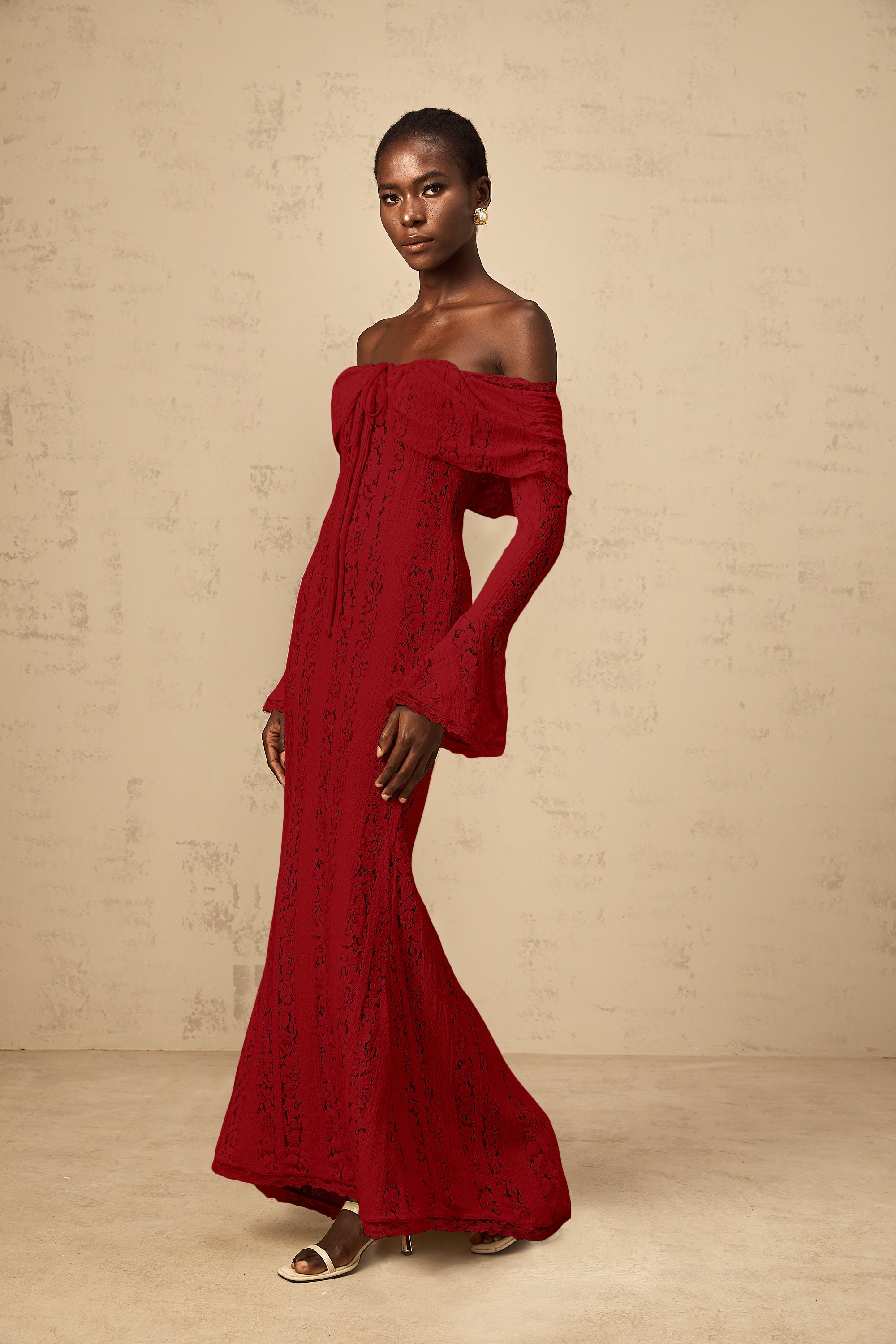 Émeline floral lace train-design maxi dress in Red (Final Sale-US Only)