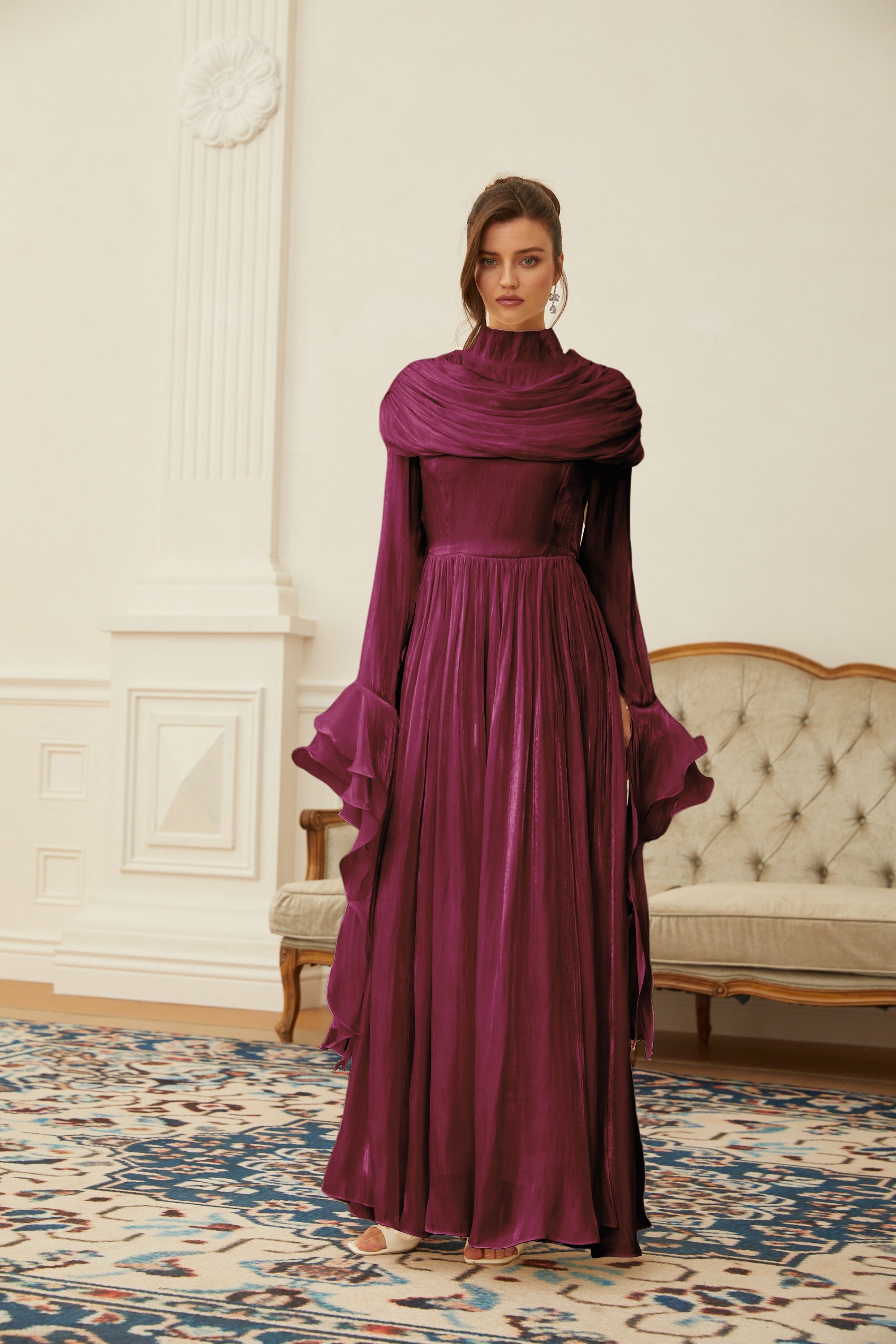 Danuta Burgundy Ruched Pleated Maxi Dress (Final Sale-US Only)