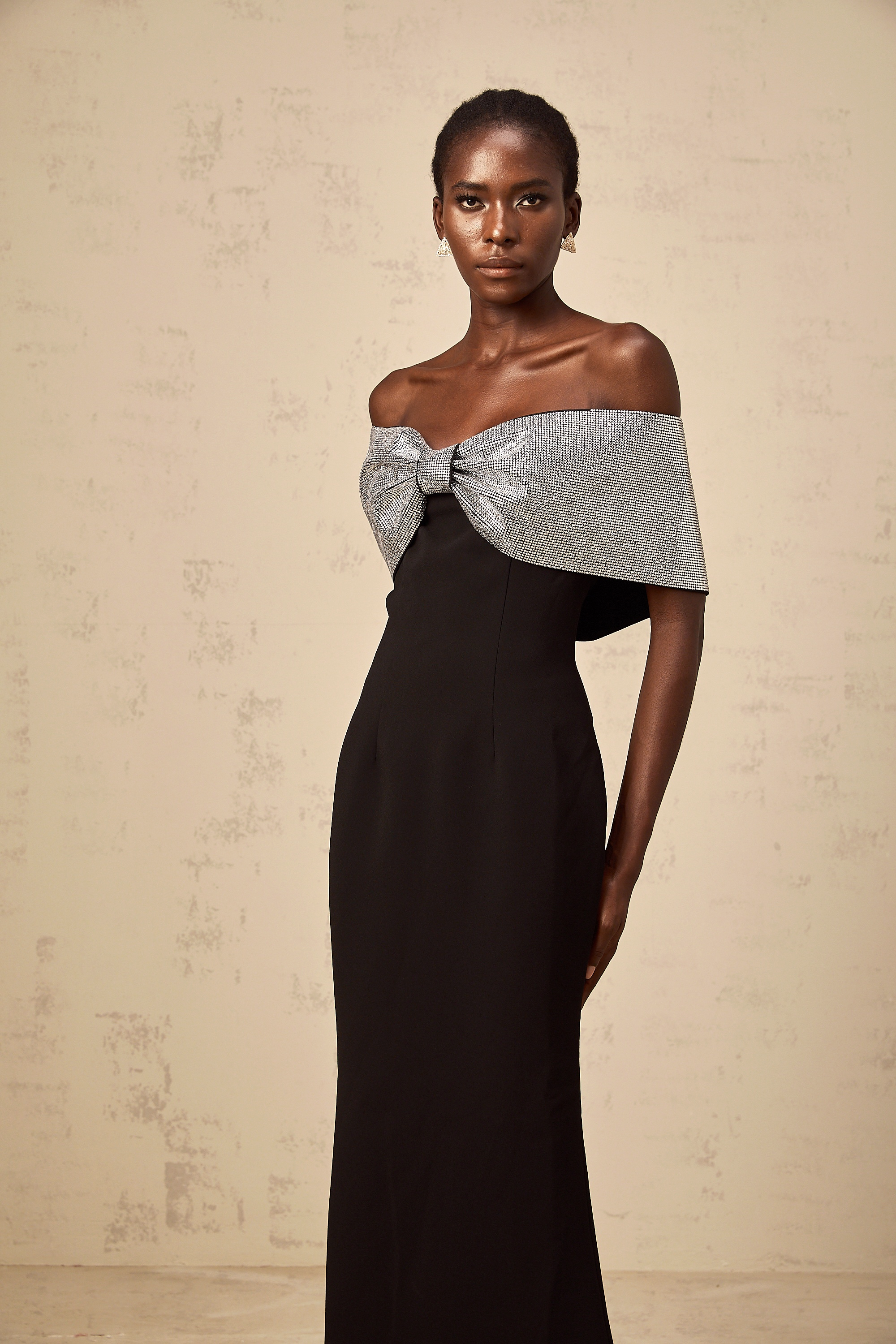Chloé black rhinestone-bow off-shoulder maxi dress
