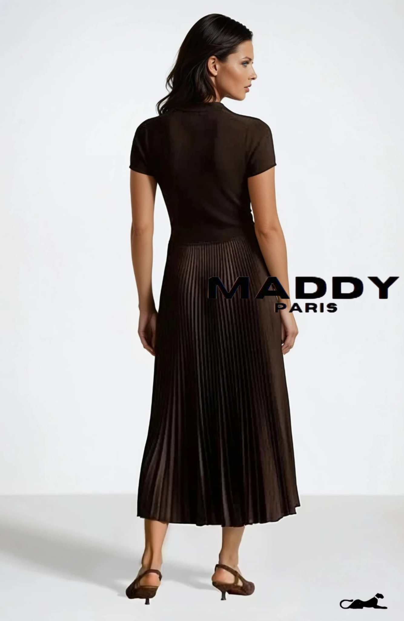 SANDRO VICTOIRE SILK-WOOL PLEATED KNIT MIDI DRESS – CHOCOLATE BROWN