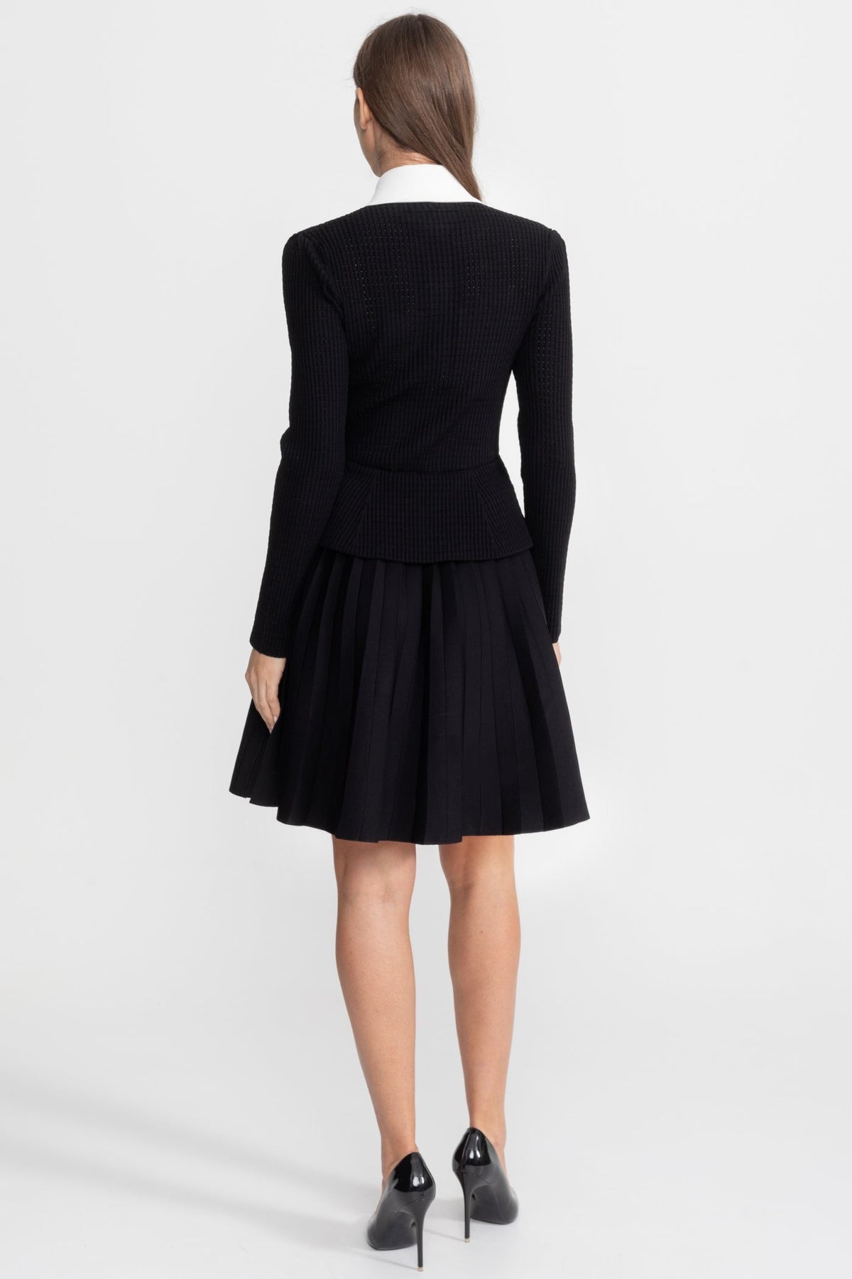 Paulette Black Ribbed Knit Mini Dress with Contrast Collar and Pleated Skirt