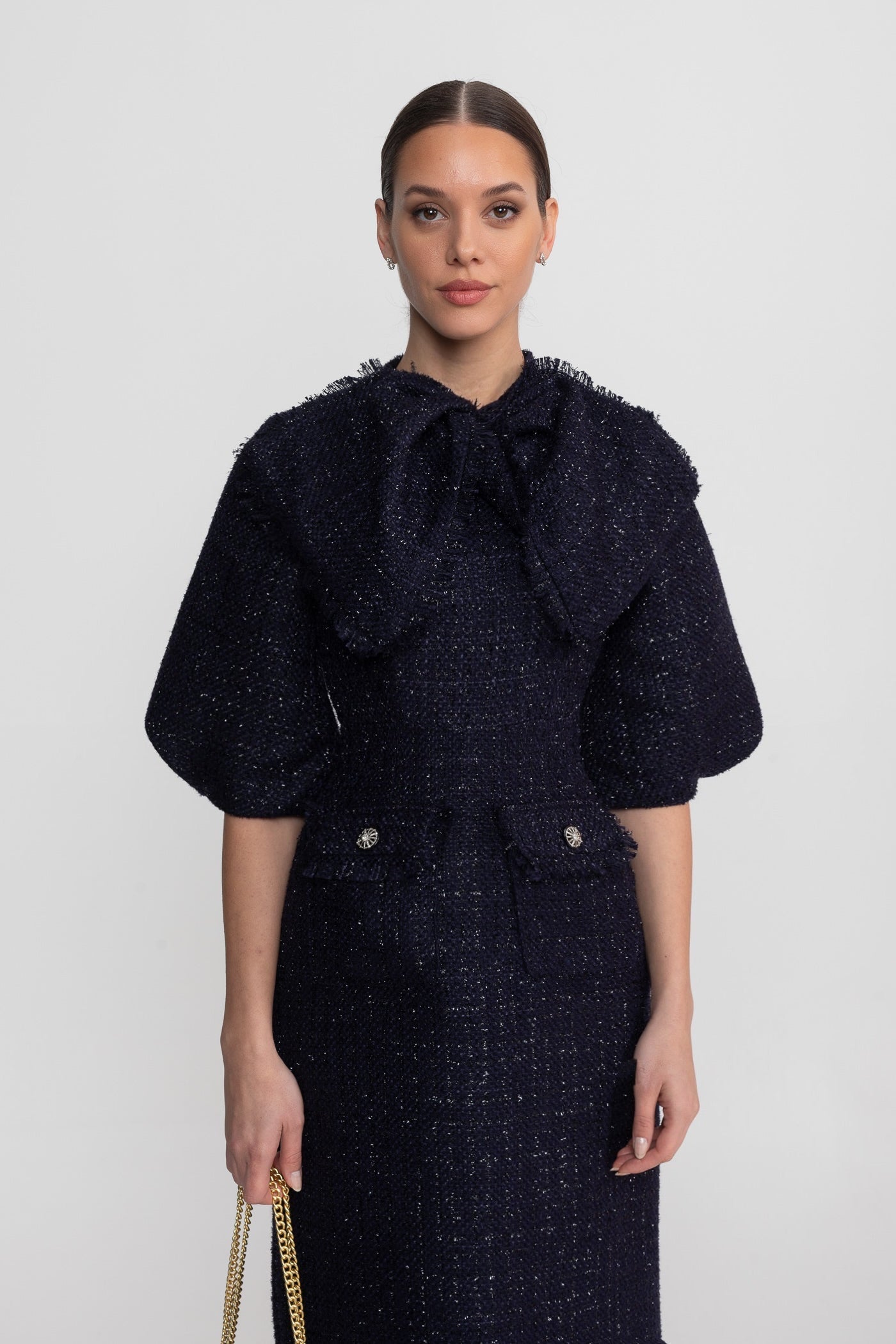 Emilienne Navy Tweed Midi Dress With Oversized Bow Neck Detail
