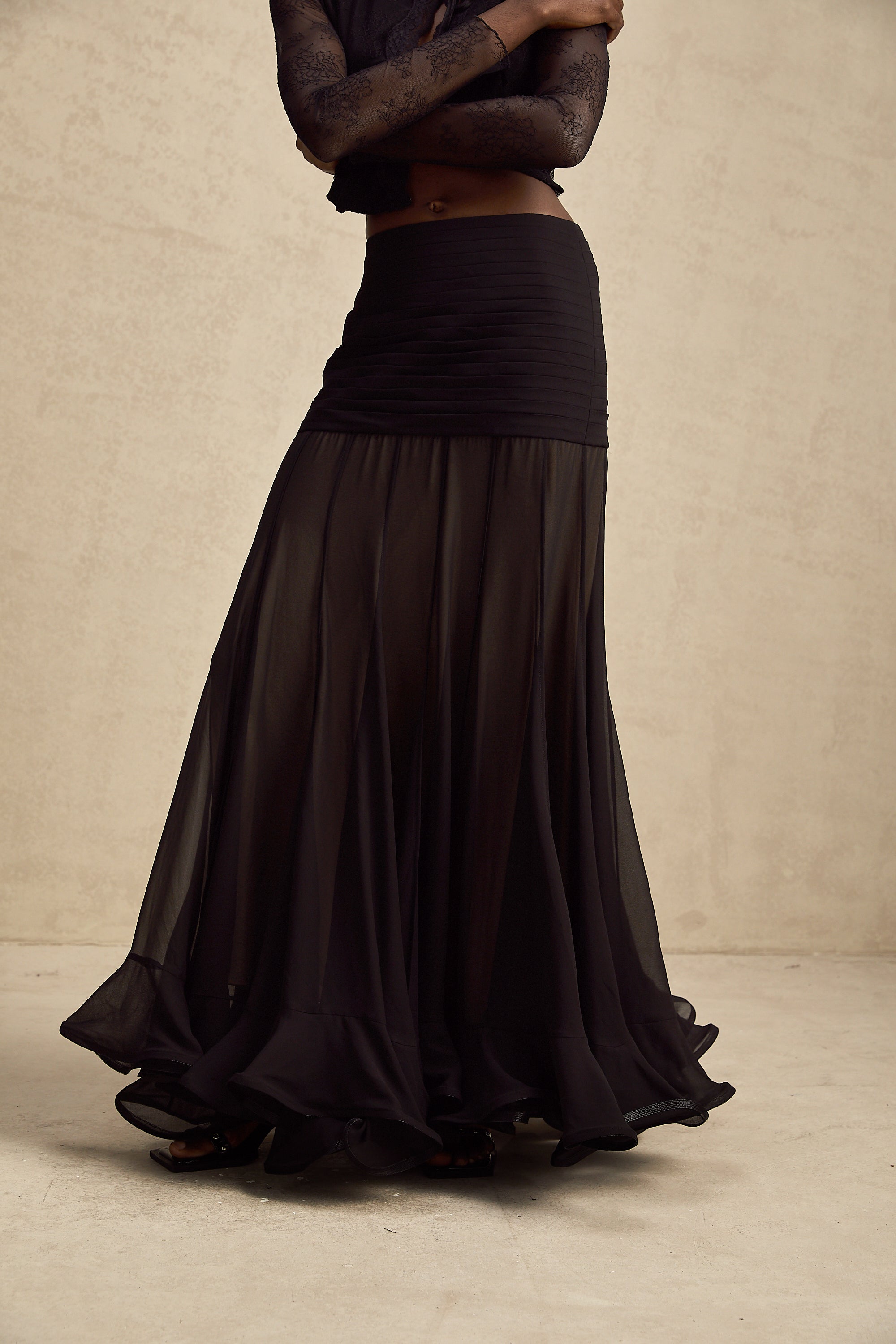 Jacqueline rayon ruffle pleated tulle maxi skirt (Final Sale-US Only)