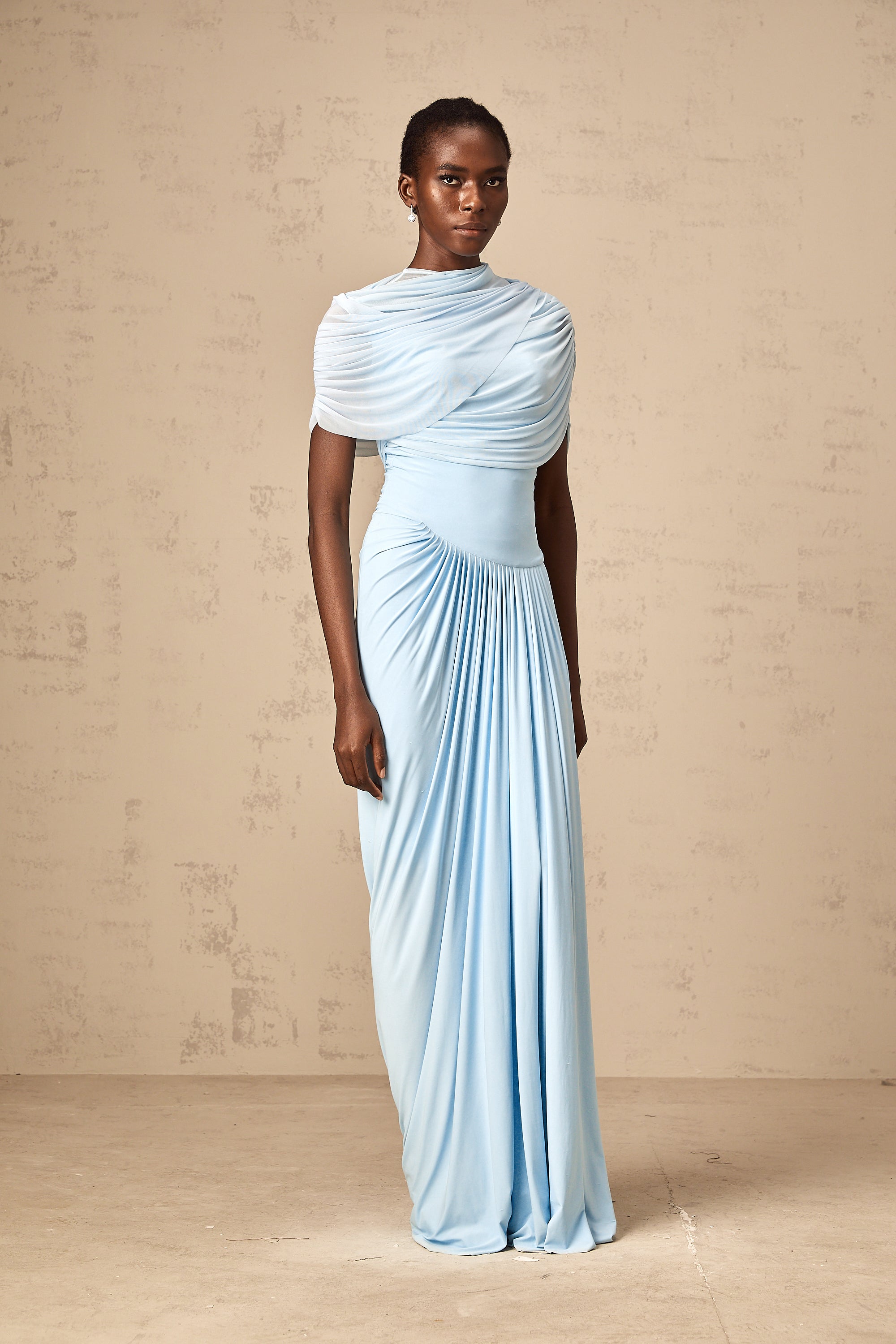 Catherine asymmetrical pleated maxi dress in Baby-blue