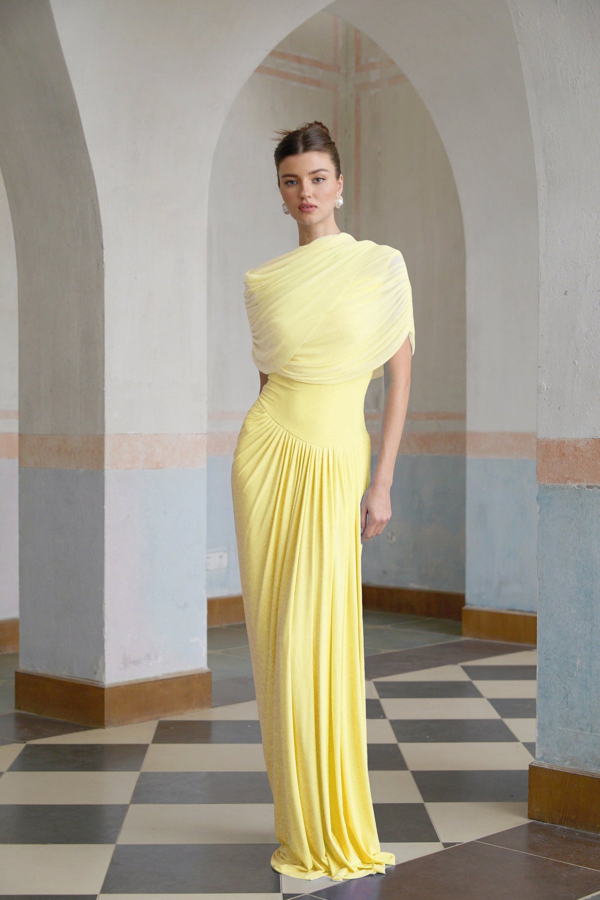 Catherine asymmetrical pleated maxi dress in Yellow (Final Sale-US Only)