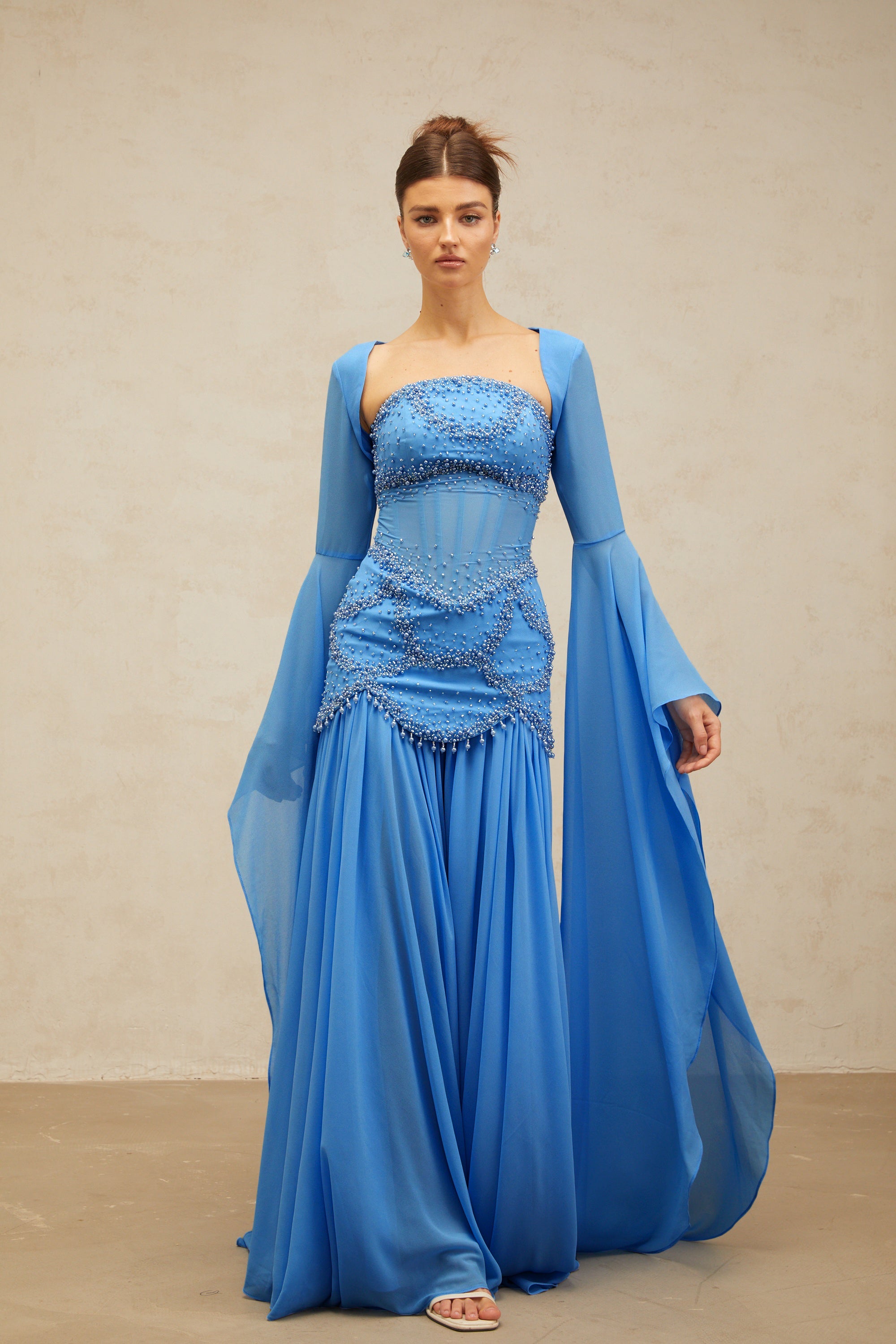 Gaëlle blue faux-pearl-embellished pleated maxi dress