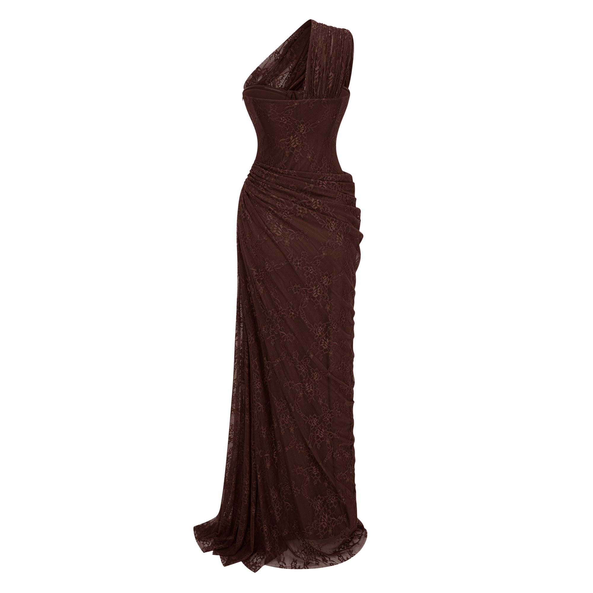 Stefania Brown Red Floral Lace Maxi Gown