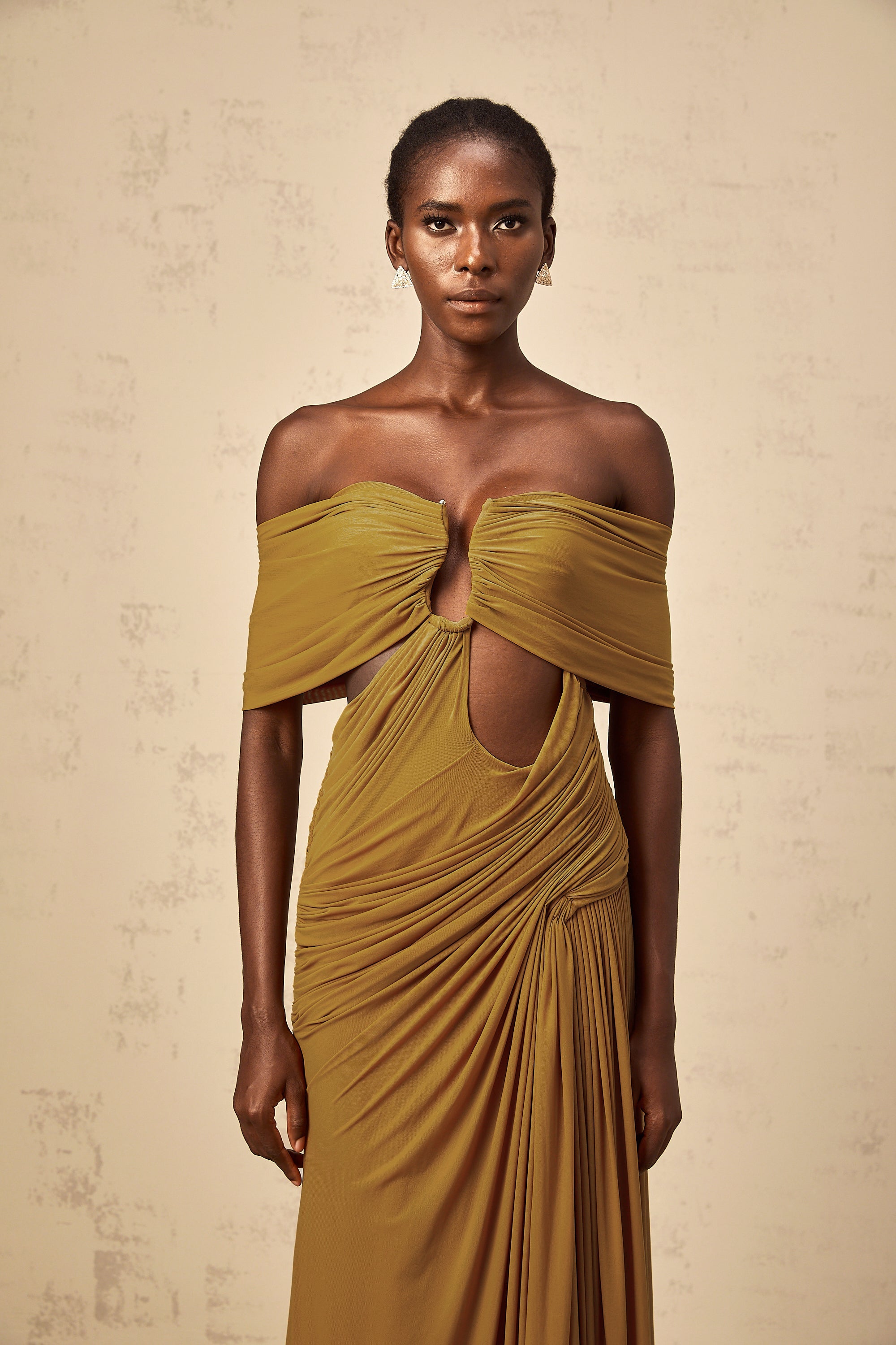 Ludivine ocher off-shoulder cut-out ruched maxi dress (Final Sale-US Only)