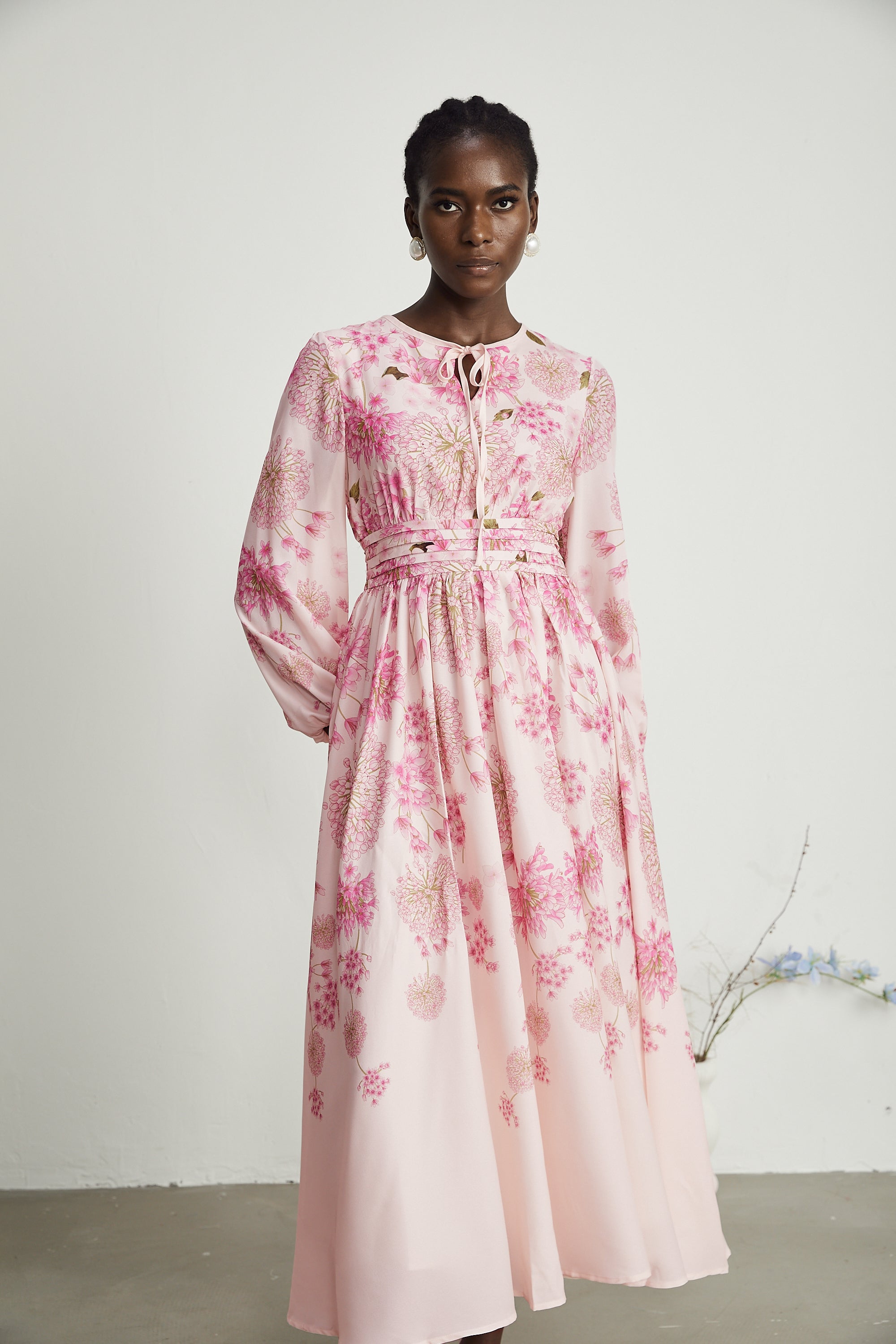 Yvette pink floral-print midi dress