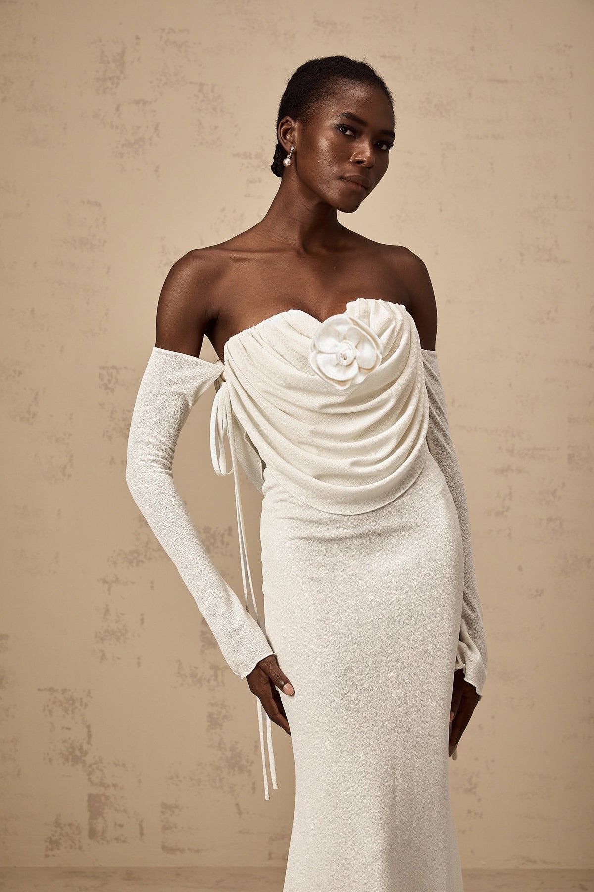 Julia floral-appliqué ruched strapless maxi dress