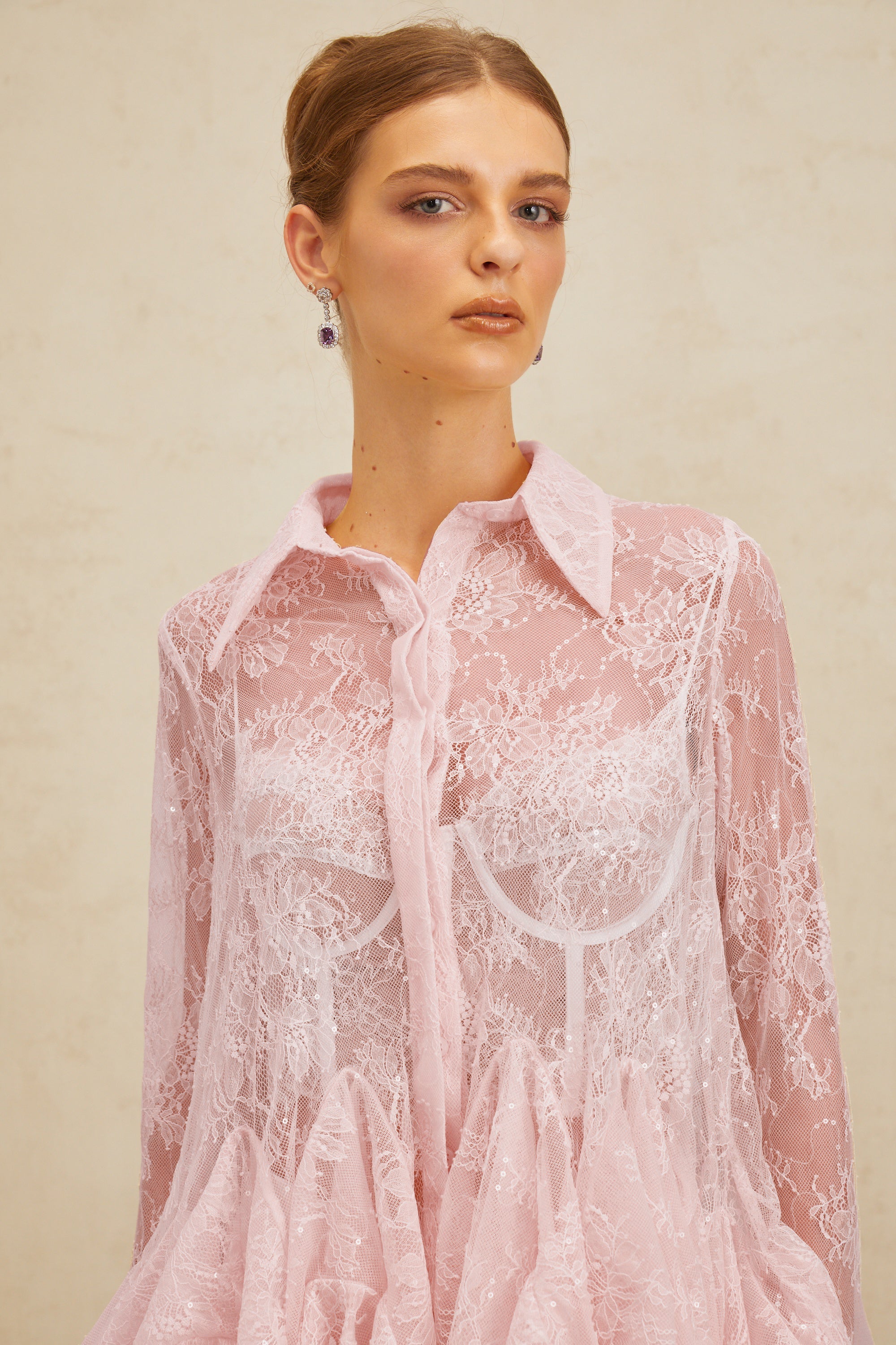 Ingrid Pink Peplum Floral Lace Blouse