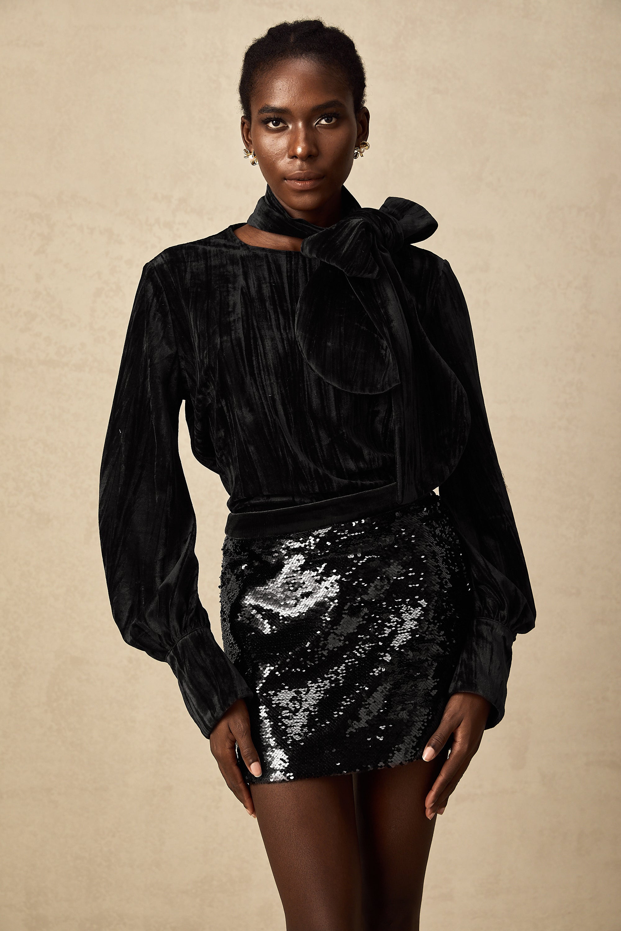 Aude sequined velvet blouse & skirt matching set (US Only)