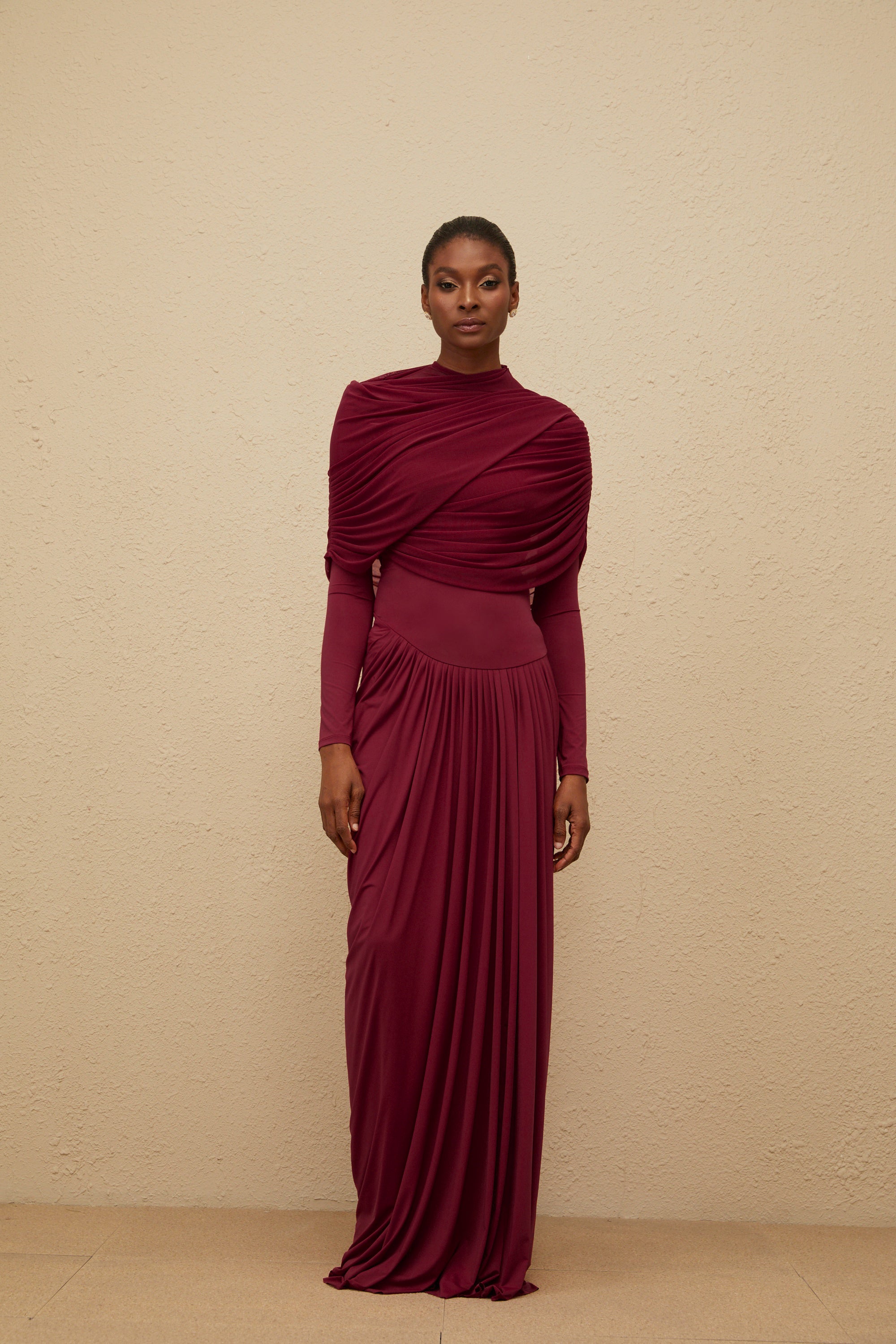 Catherine Red Asymmetrical Pleated Long-Sleeve Maxi Dress