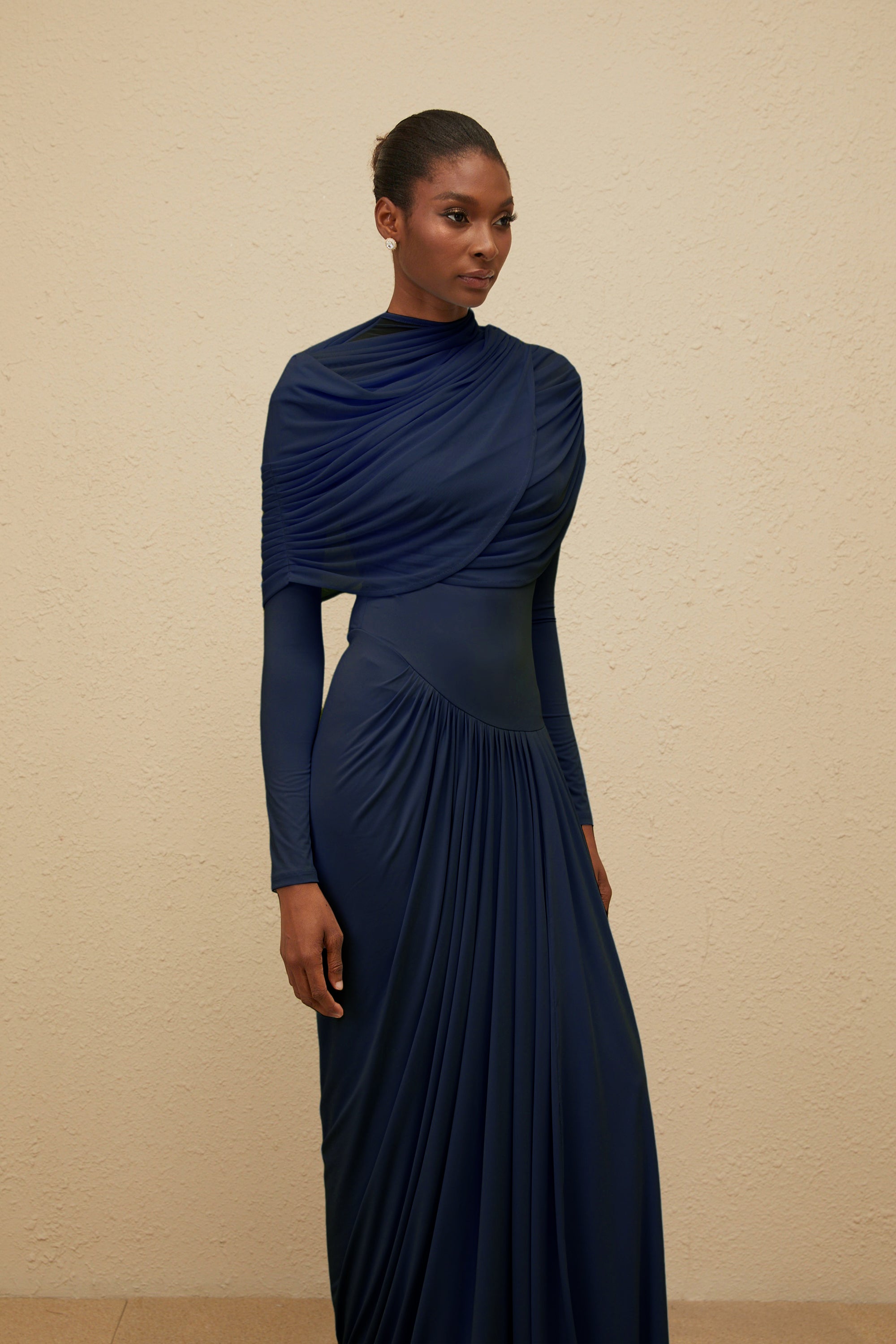 Catherine Navy-Blue Asymmetrical Pleated Long-Sleeve Maxi Dress