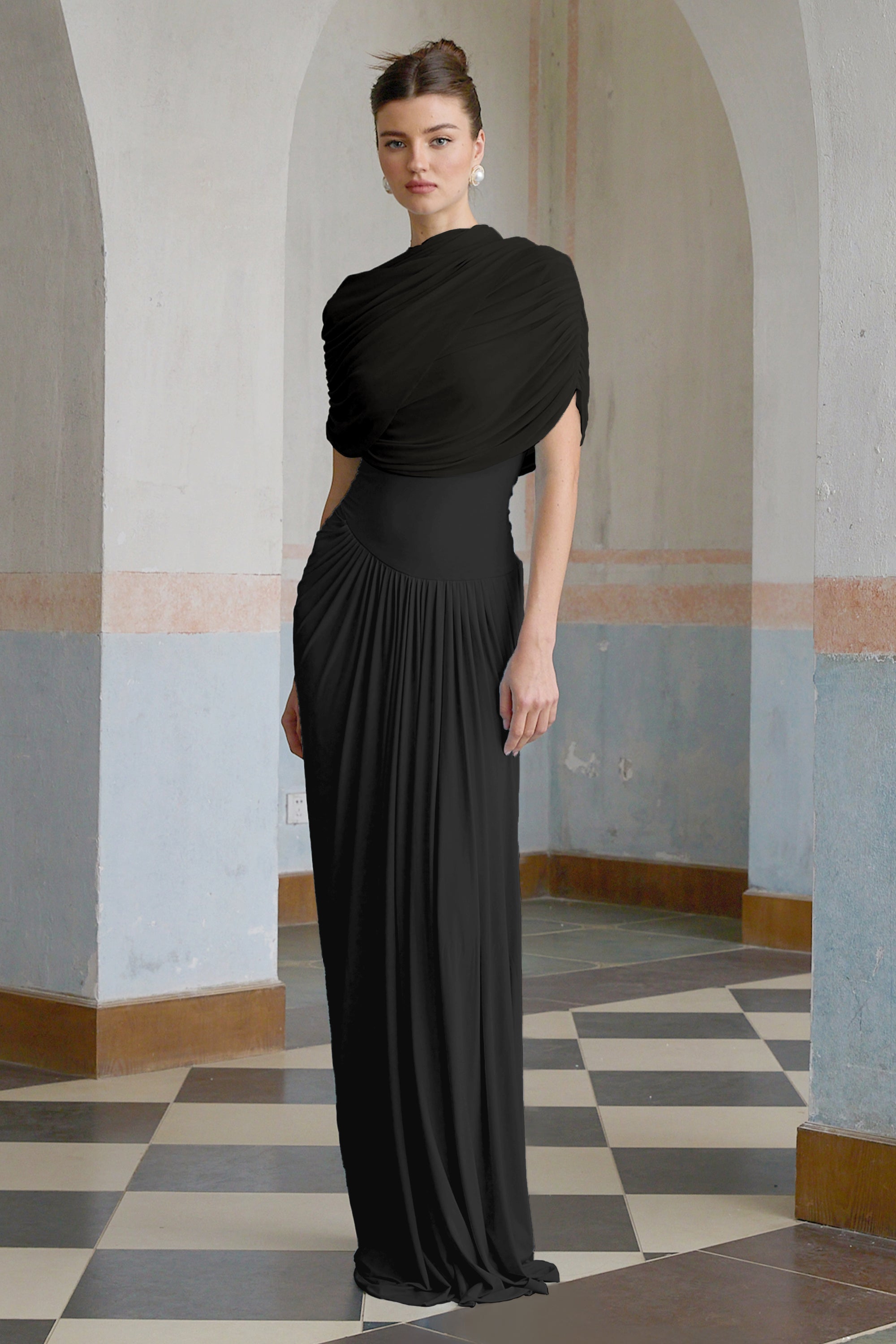 Catherine asymmetric pleated maxi dress in Black