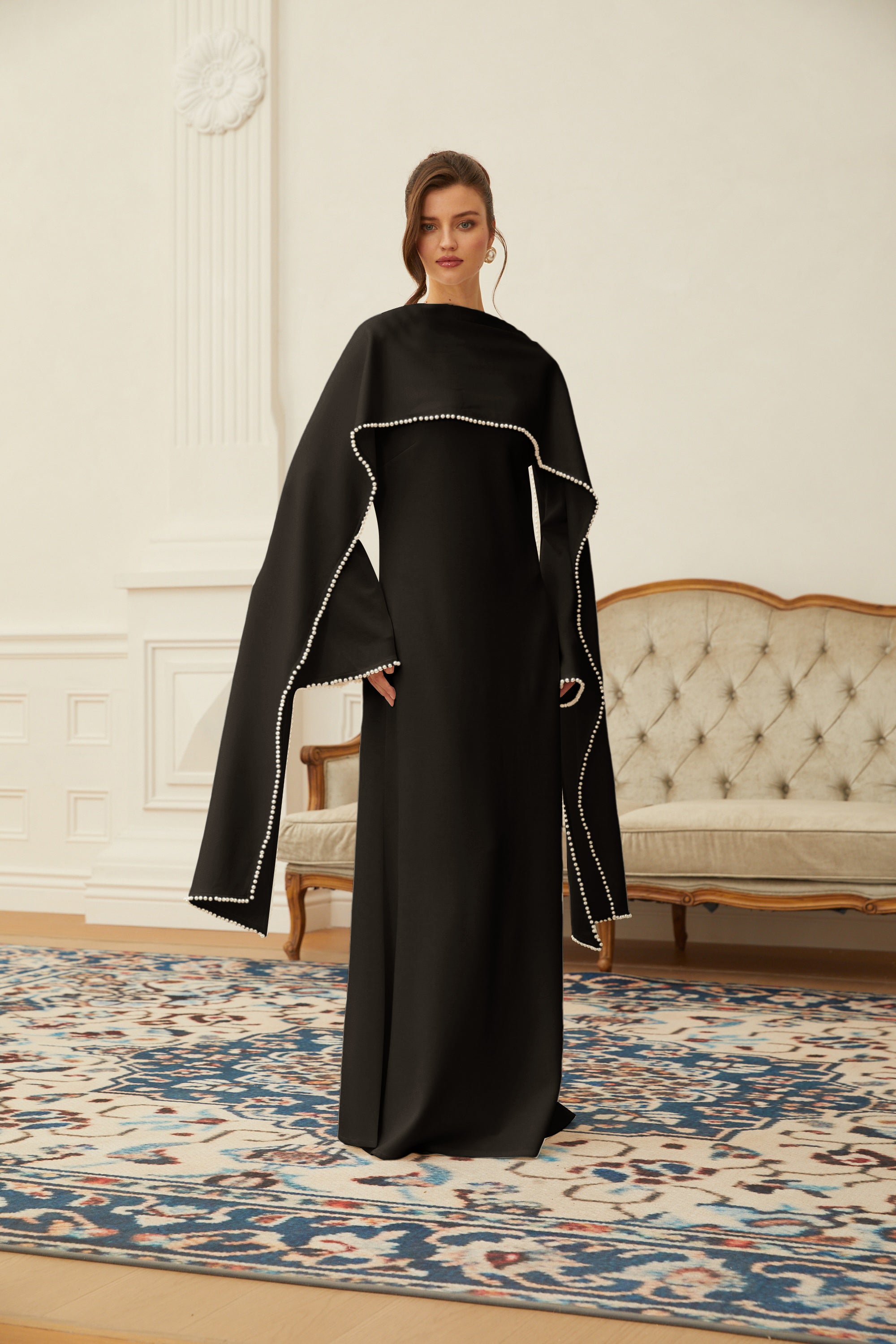 Piroska Black Pearl Trim Shawl Detail Maxi Dress