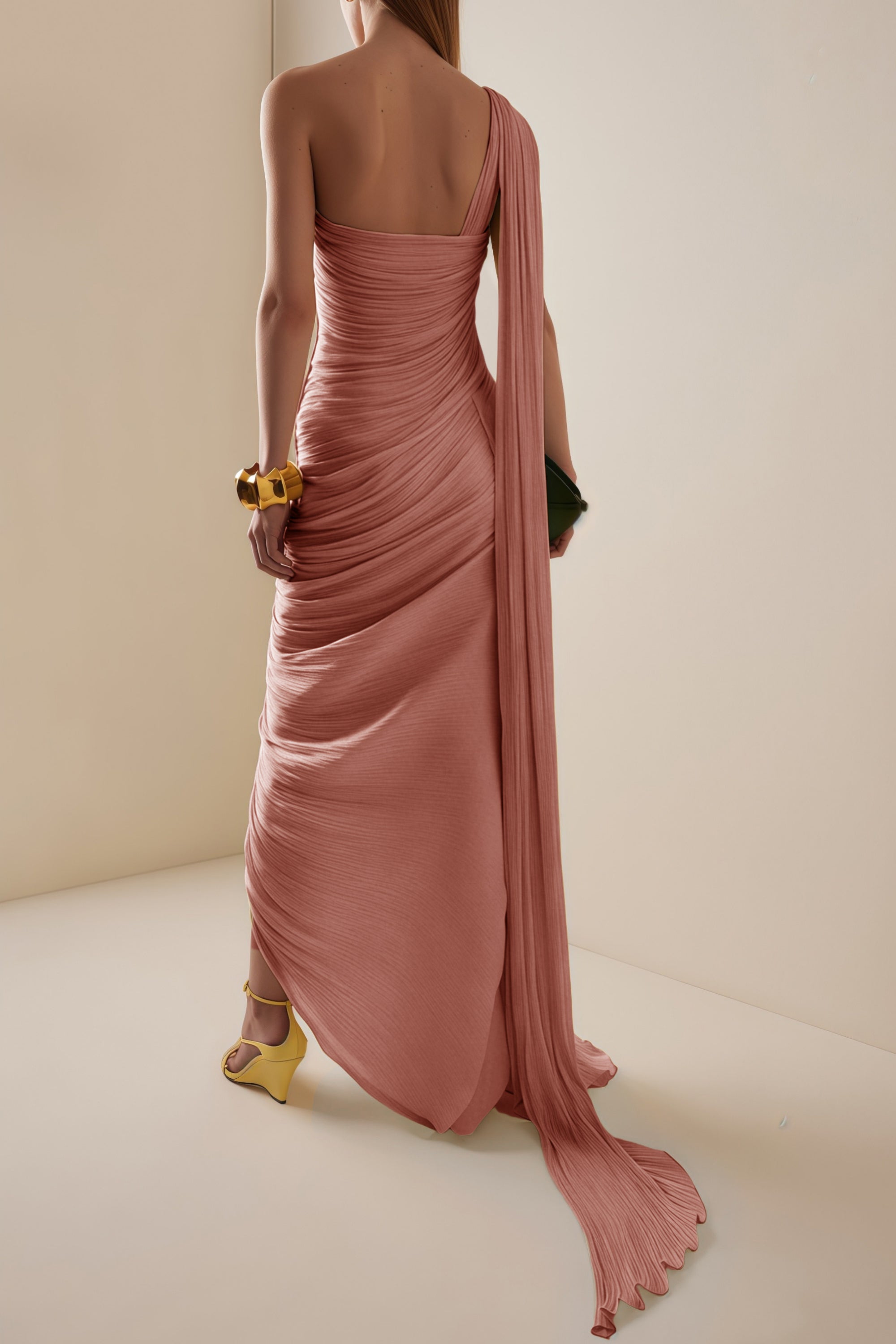 Meissa Pink Asymmetrical Ruched Maxi Dress