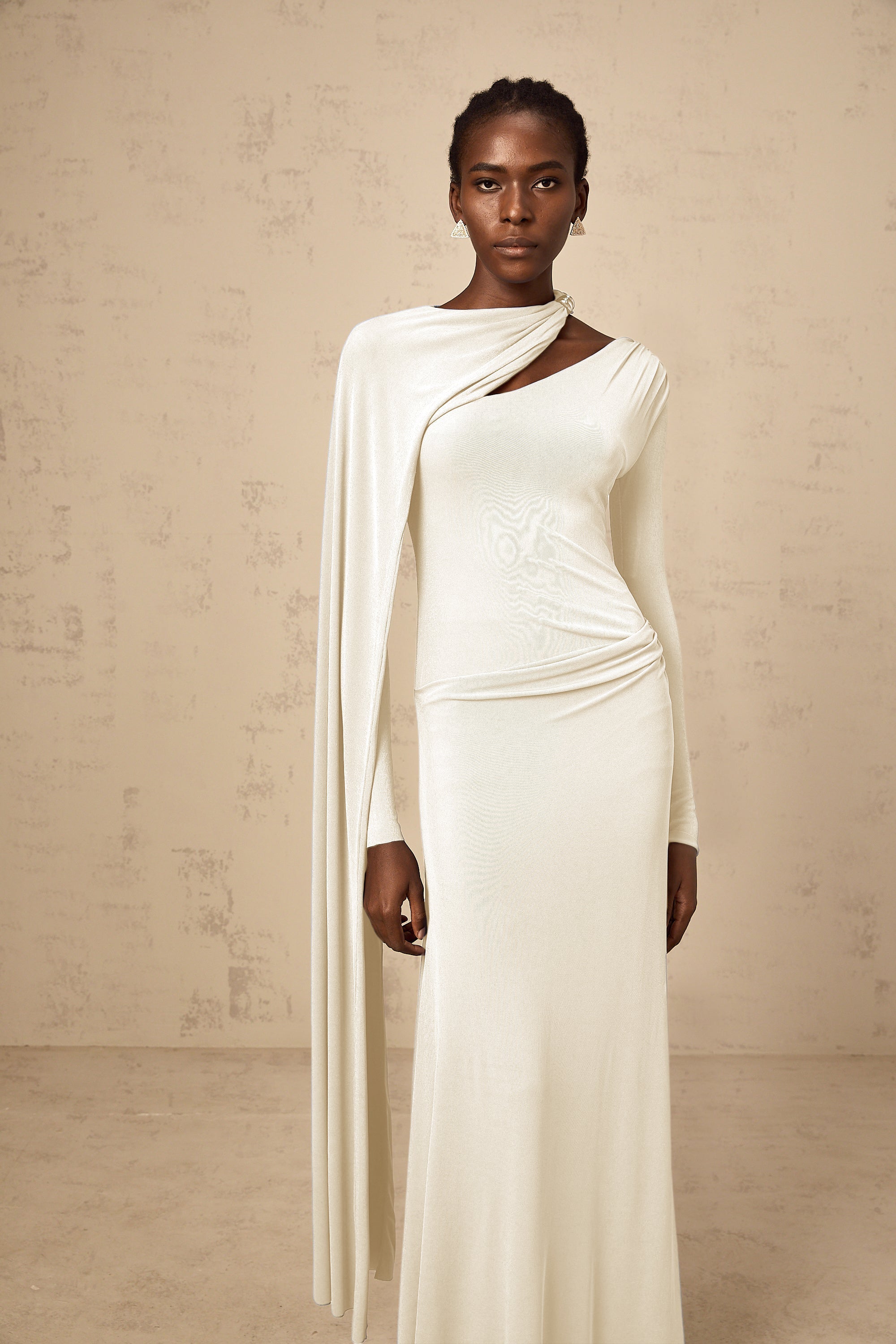 Josette White Diagonal Shawl Fitted Maxi Dress