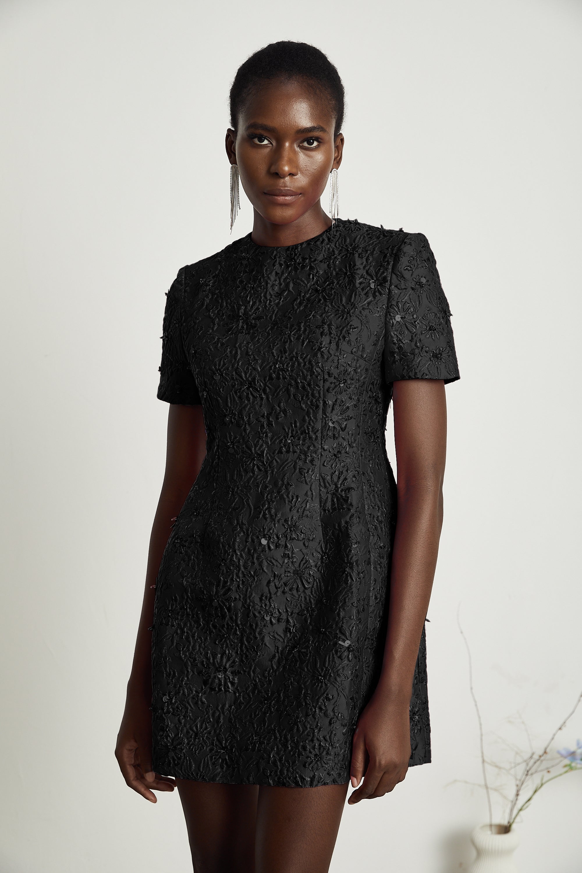 Celestia Floral-Appliqué Embellished Mini Dress in Black