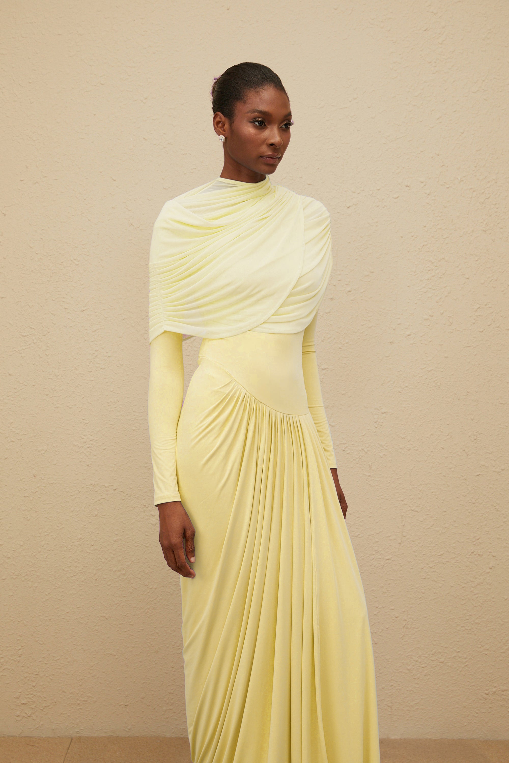 Catherine Yellow Asymmetrical Pleated Long-Sleeve Maxi Dress