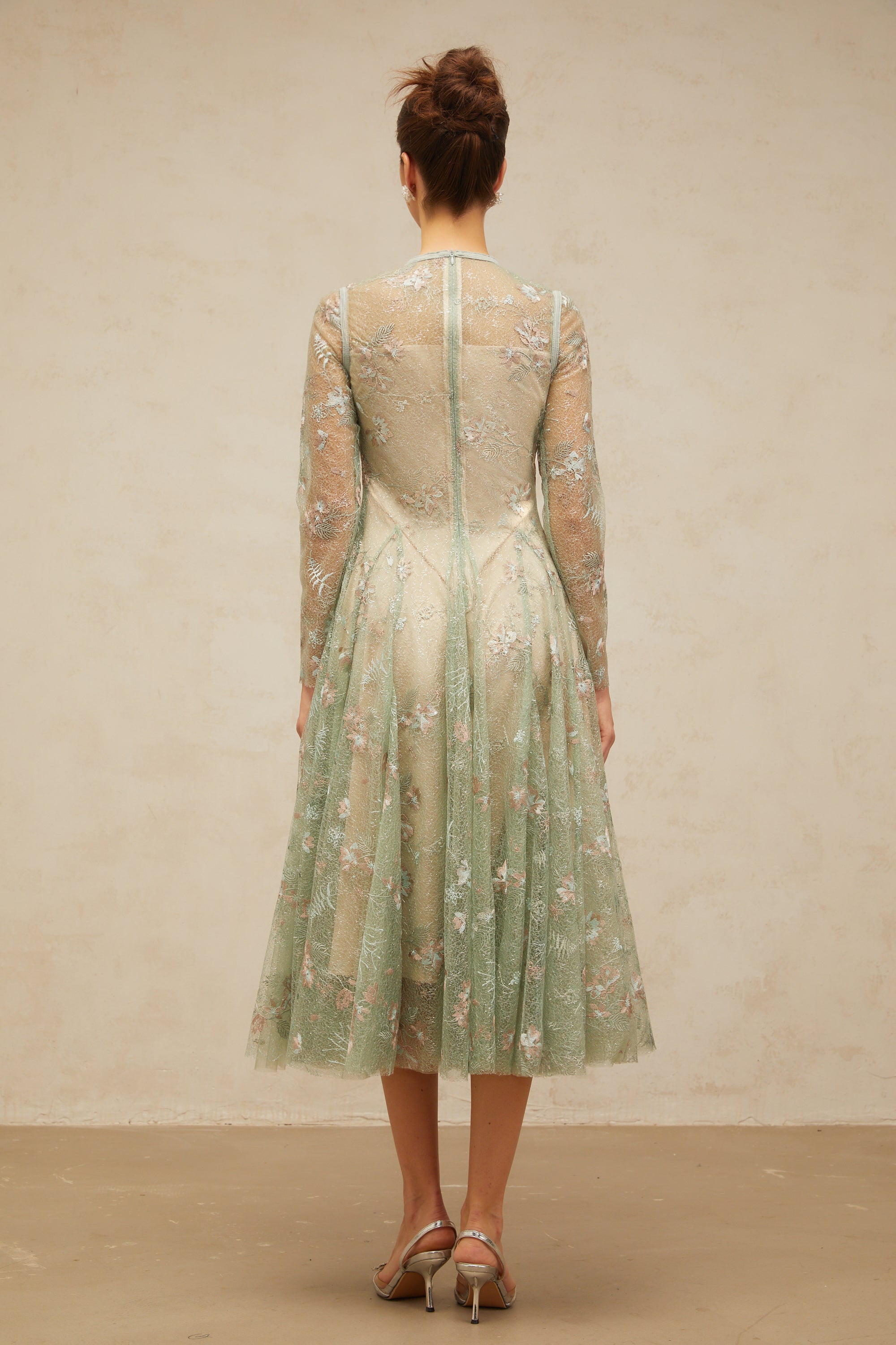 Philomène green flower-embroidered pleated midi dress